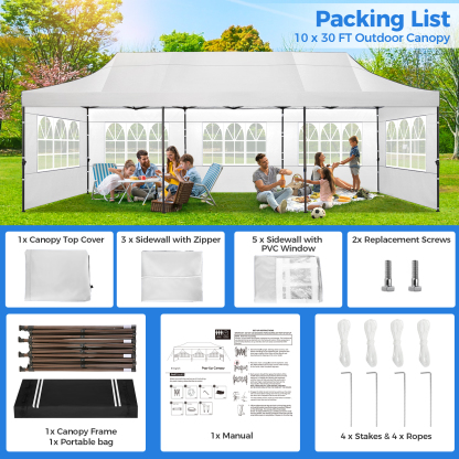 SANOPY Heavy Duty 10'x 30' Pop up Canopy, Commercial Canopy, Waterproof Outdoor Party Tent, Instant Wedding Canopy with 8 Removable Sidewalls, Carrying Bag, 147Ibs, White