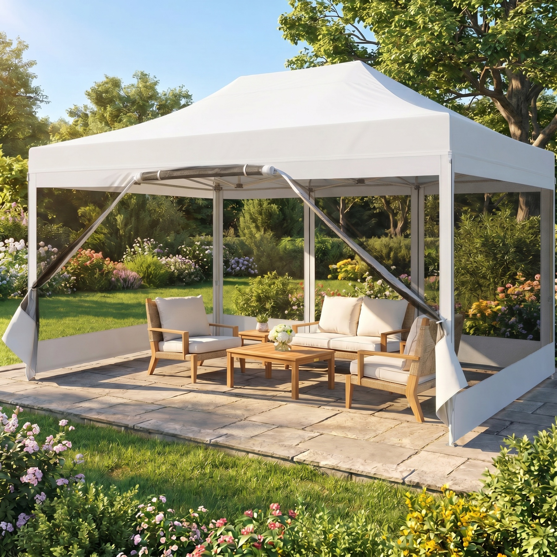 HOTEEL 10x15ft/16x16ft Pop-Up Gazebo Outdoor Canopy Tent with Adjustable Height, UV 50+ Sun Protection & Removable Mosquito Net - Waterproof Instant Shelter