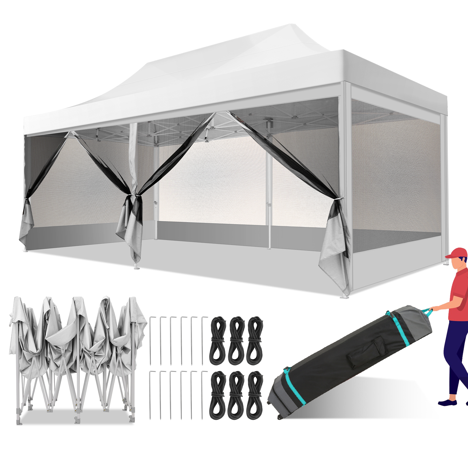 HOTEEL 10x15 Heavy Duty Canopy Tent, Pop up Gazebo with Netting Screened ,Waterproof Ez up Canopy with Sidewalls, Outdoor Instant Party Tent for Backyard, Khaki
