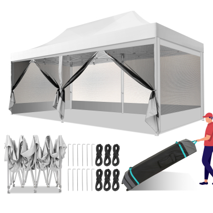HOTEEL 10x15 Heavy Duty Canopy Tent, Pop up Gazebo with Netting Screened ,Waterproof Ez up Canopy with Sidewalls, Outdoor Instant Party Tent for Backyard, Khaki