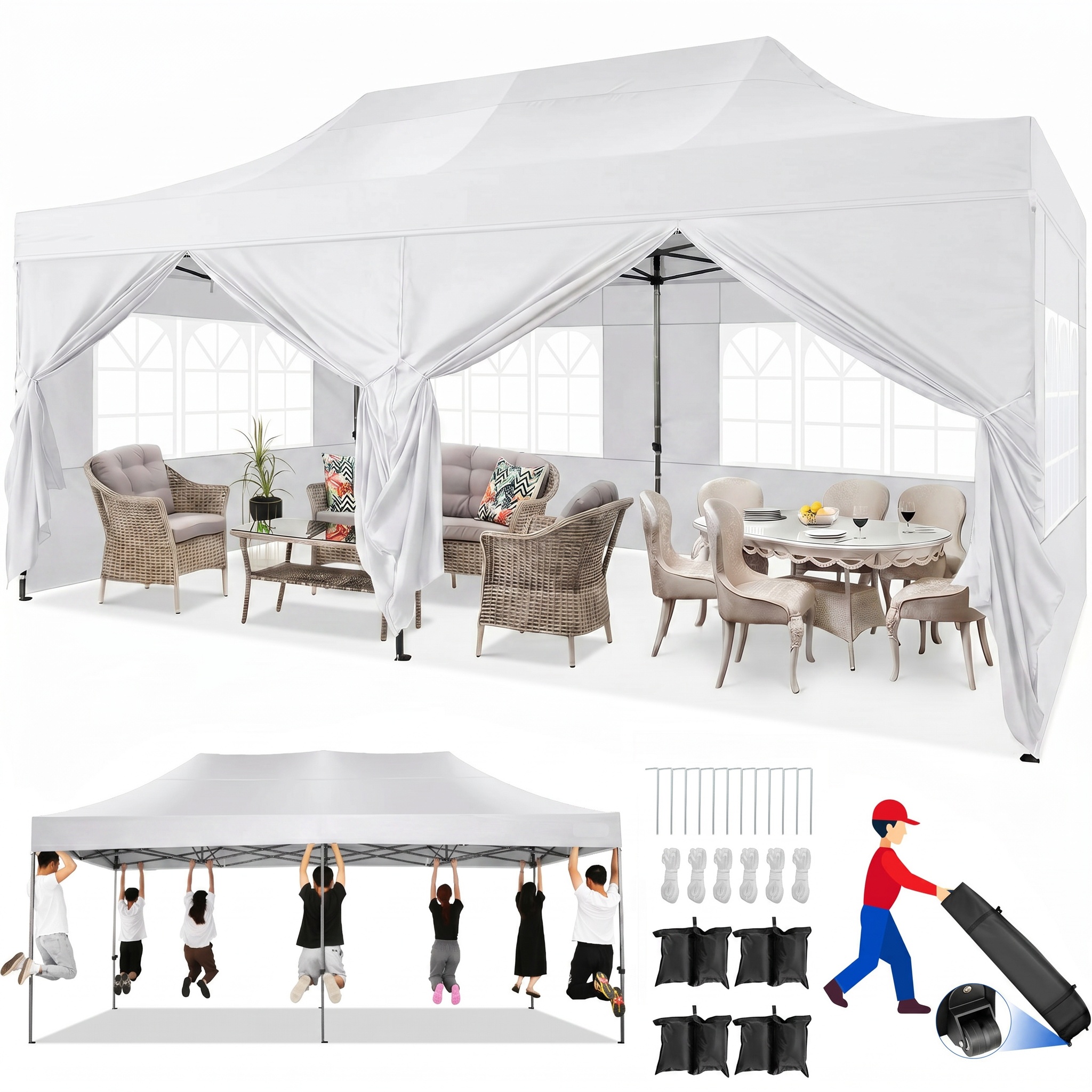 HOTEEL 10x15 Pop up Canopy Tent Heavy Duty with 4 Sidewalls, Thicken Frame Commercial Outdoor Tents for Parties All Season Wind & Easy Up Gazebo with Portable Bag