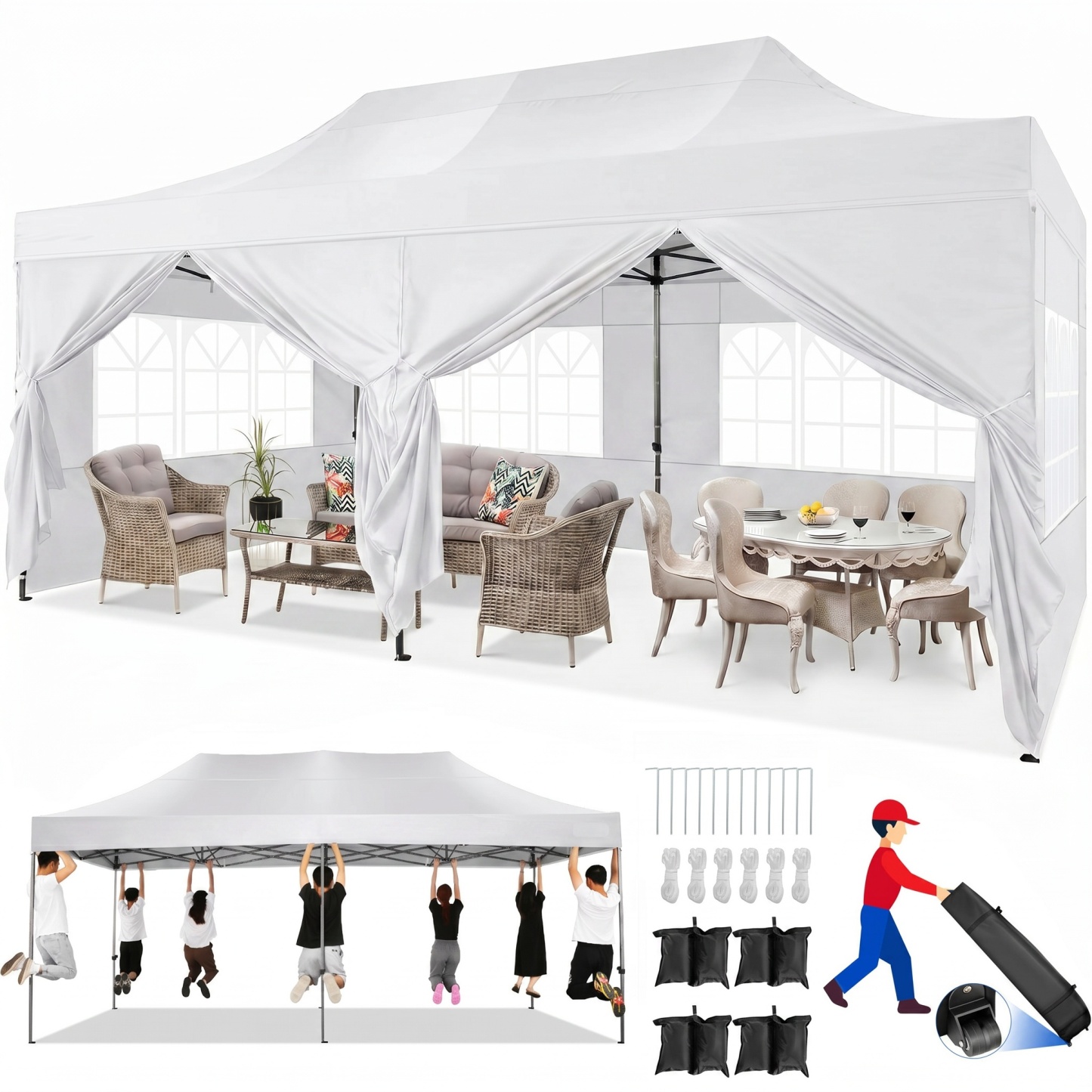 HOTEEL 10x15 Pop up Canopy Tent Heavy Duty with 4 Sidewalls, Thicken Frame Commercial Outdoor Tents for Parties All Season Wind & Easy Up Gazebo with Portable Bag
