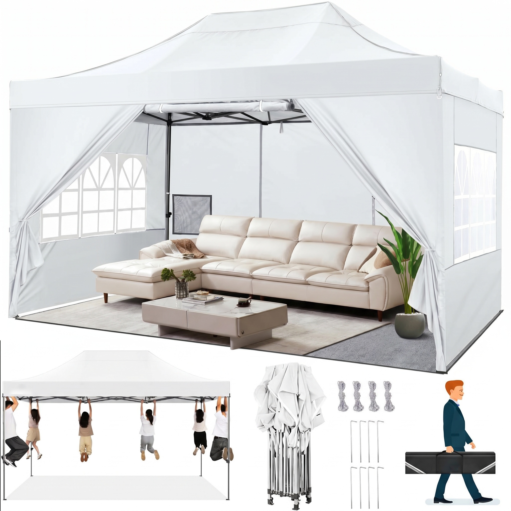 HOTEEL 10x15 Pop up Canopy Tent Heavy Duty with 4 Sidewalls, Thicken Frame Commercial Outdoor Tents for Parties All Season Wind & Easy Up Gazebo with Portable Bag