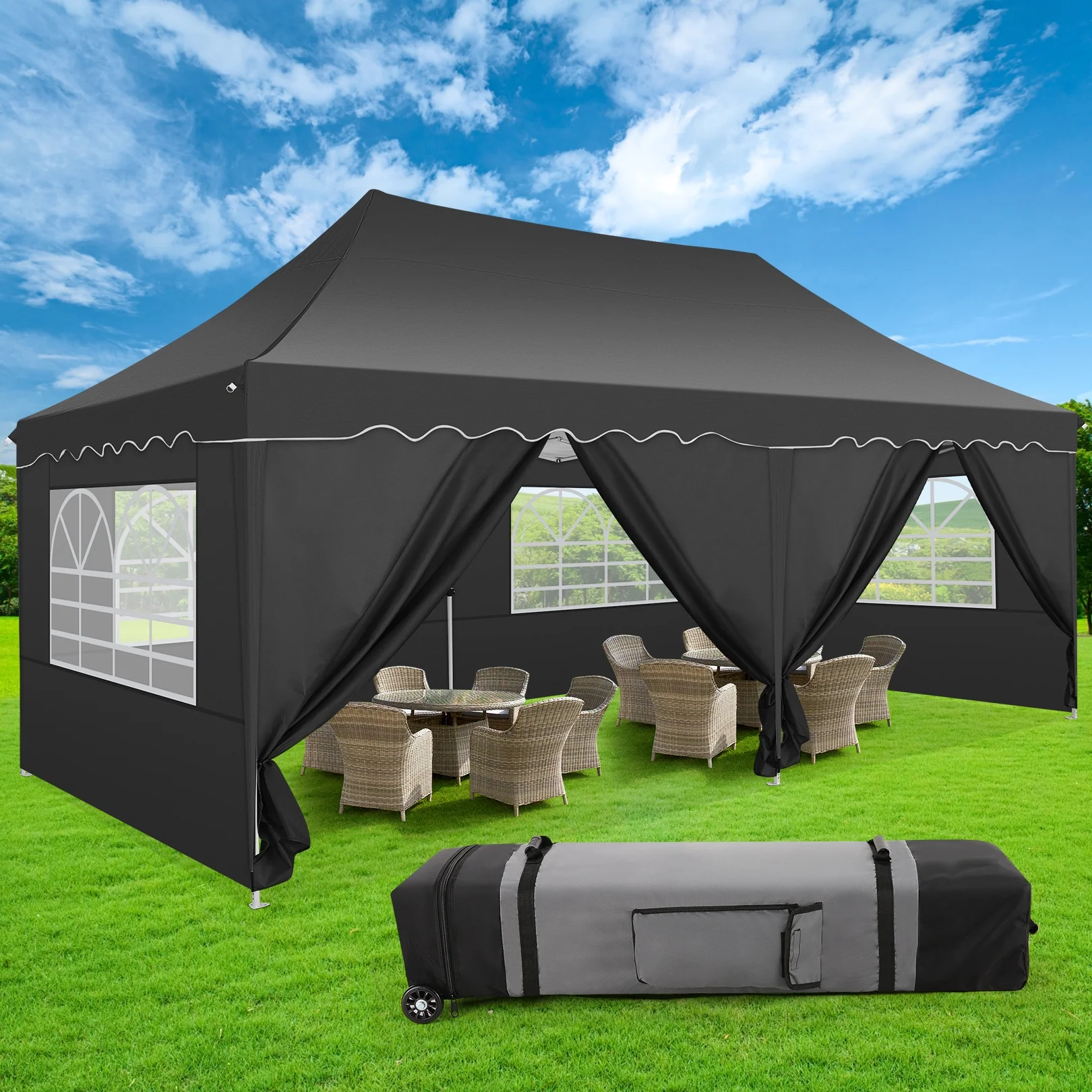 SANOPY 10' x 20' Pop up Canopy Party Tent with 6 Removable Sidewalls, Wave Eave Outdoor Waterproof Patio Gazebo Tent with Carry Bag, Backyards Camping Picnics, Black