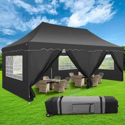 SANOPY 10' x 20' Pop up Canopy Party Tent with 6 Removable Sidewalls, Wave Eave Outdoor Waterproof Patio Gazebo Tent with Carry Bag, Backyards Camping Picnics, Black