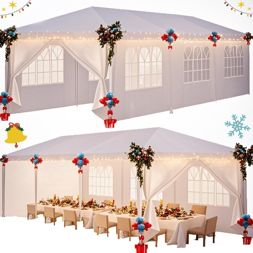 SANOPY 10x30 Party Tents with 8 Removable Sidewalls, Outdoor Waterproof Shade Canopy Tent for Weddings and Events, White