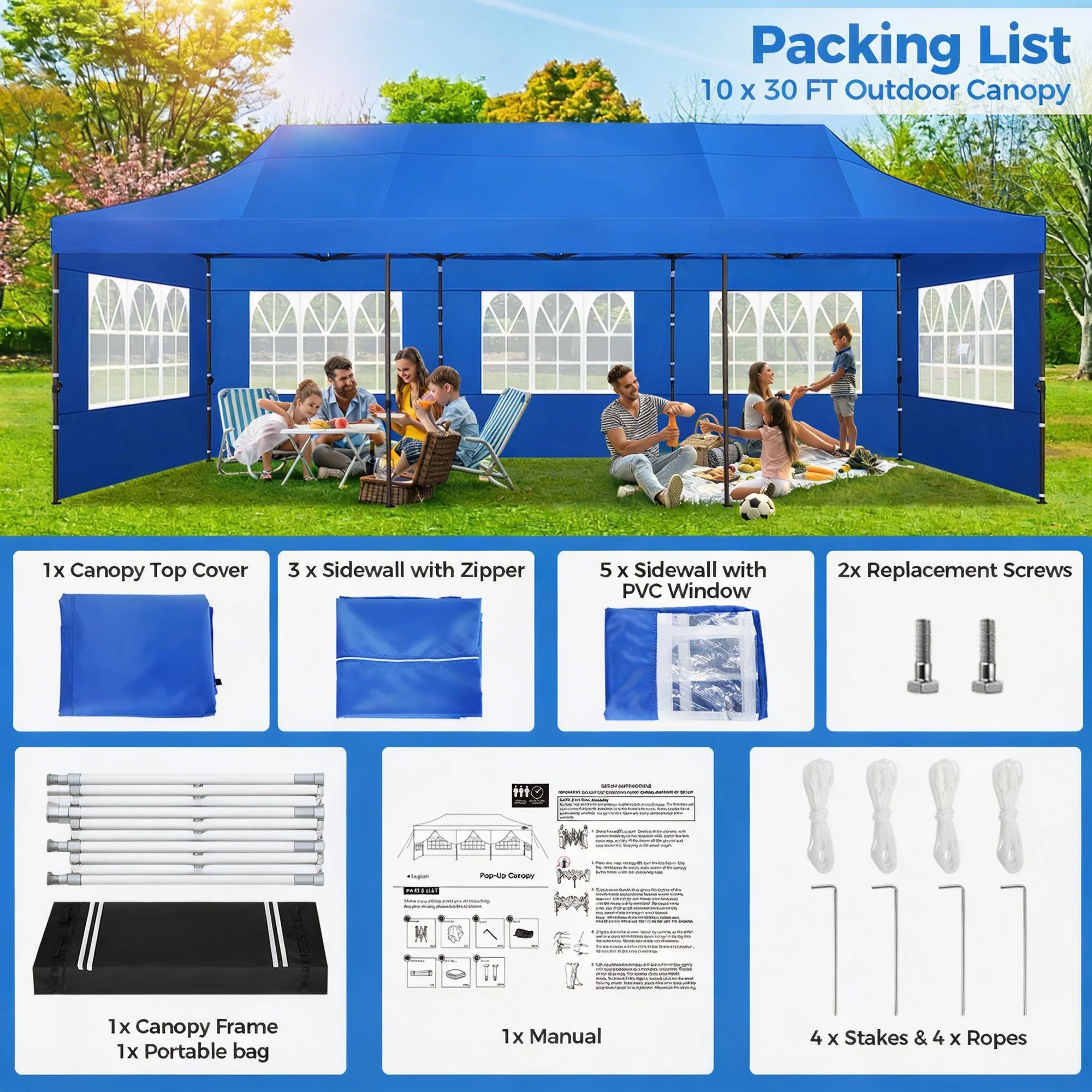SANOPY Heavy Duty 10'x 30' Pop up Canopy, Commercial Canopy, Waterproof Outdoor Party Tent, Instant Wedding Canopy with 8 Removable Sidewalls, Carrying Bag