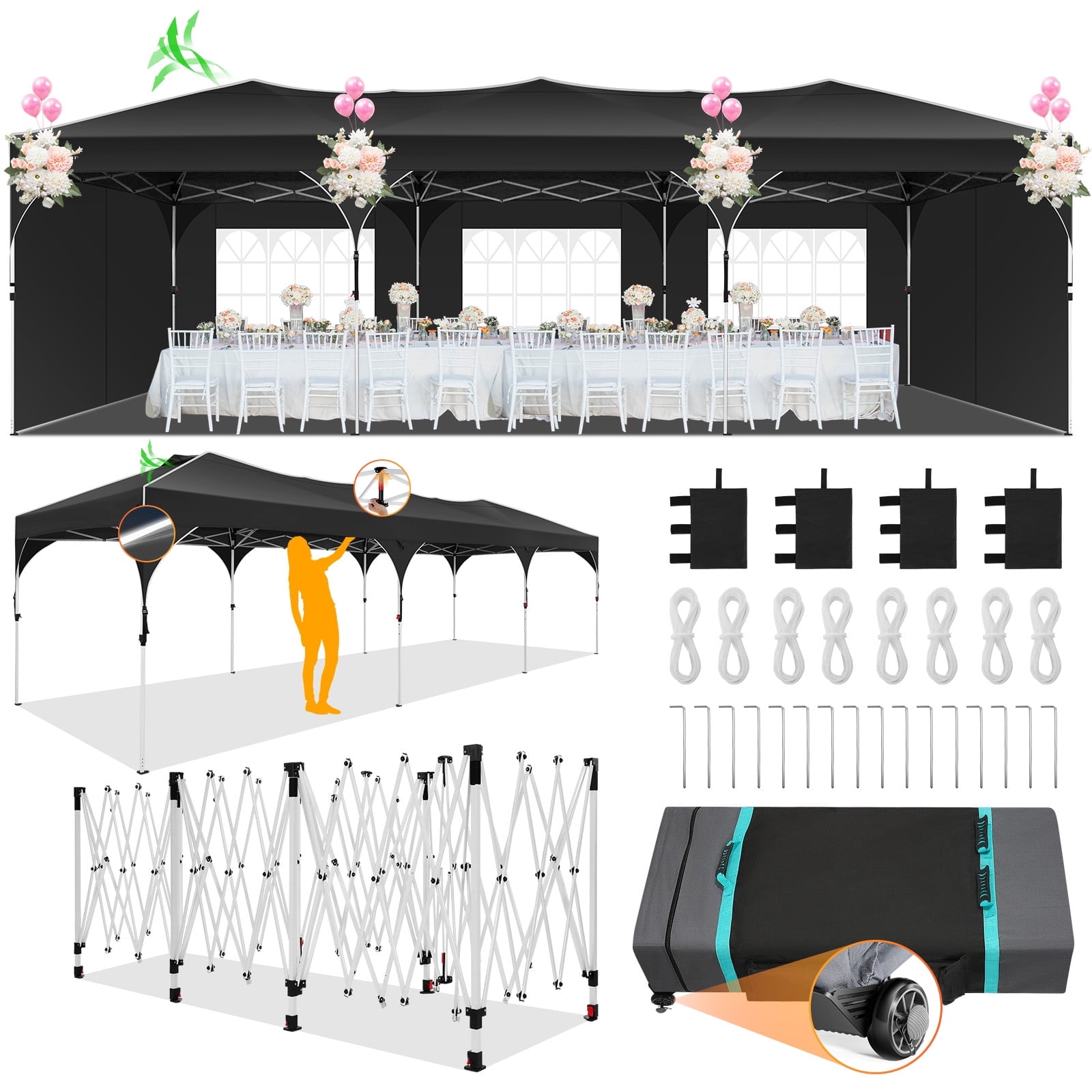 SANOPY 10' x 30' Pop Up Canopy Tent for Parties with 5 Sidewalls| Push Center Lock & Air Vent| Waterproof & UPF50+ |Gazebo Outdoor Tent for Party,Wedding,BBQ with 4 Sandbags, 8 Stakes & 16 Ropes