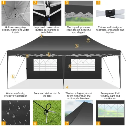 SANOPY 10' x 20' Pop up Canopy Party Tent with 6 Removable Sidewalls, Wave Eave Outdoor Waterproof Patio Gazebo Tent with Carry Bag, Backyards Camping Picnics, Black