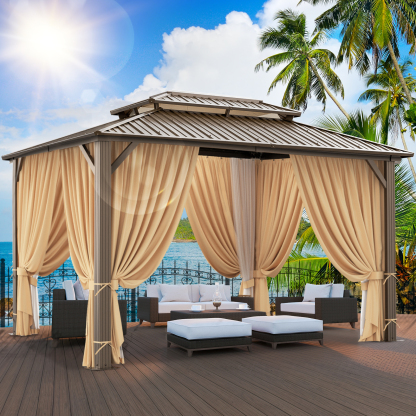 SANOPY 10x12 Hardtop Gazebo Aluminum Gazebos with Galvanized Steel Double Roof Metal Gazebo with Curtains and Netting Permanent Steel Gazebo for Backyard, Garden and Patio, Brown