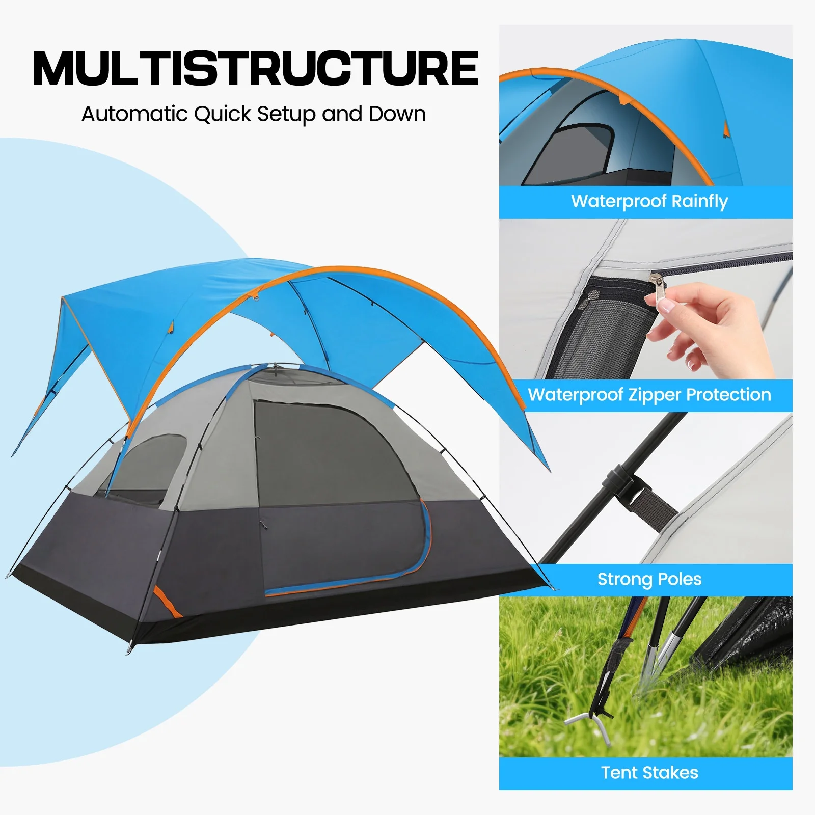 SANOPY 8-10 Person Instant Camping Tent with Removable Rainfly, Auto Setup Pop Up Tent for Family Outdoor /Hiking/Traveling with Carry Bag, Light Blue