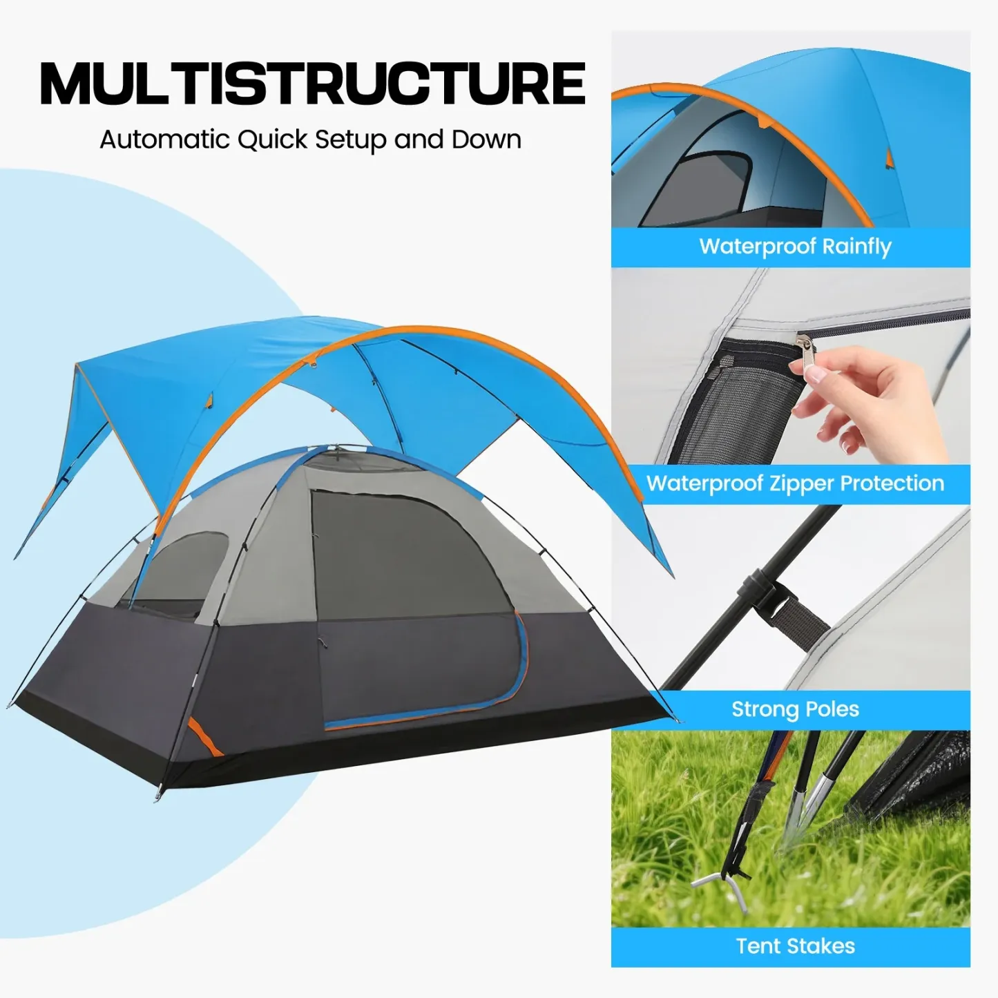 SANOPY 8-10 Person Instant Camping Tent with Removable Rainfly, Auto Setup Pop Up Tent for Family Outdoor /Hiking/Traveling with Carry Bag, Light Blue