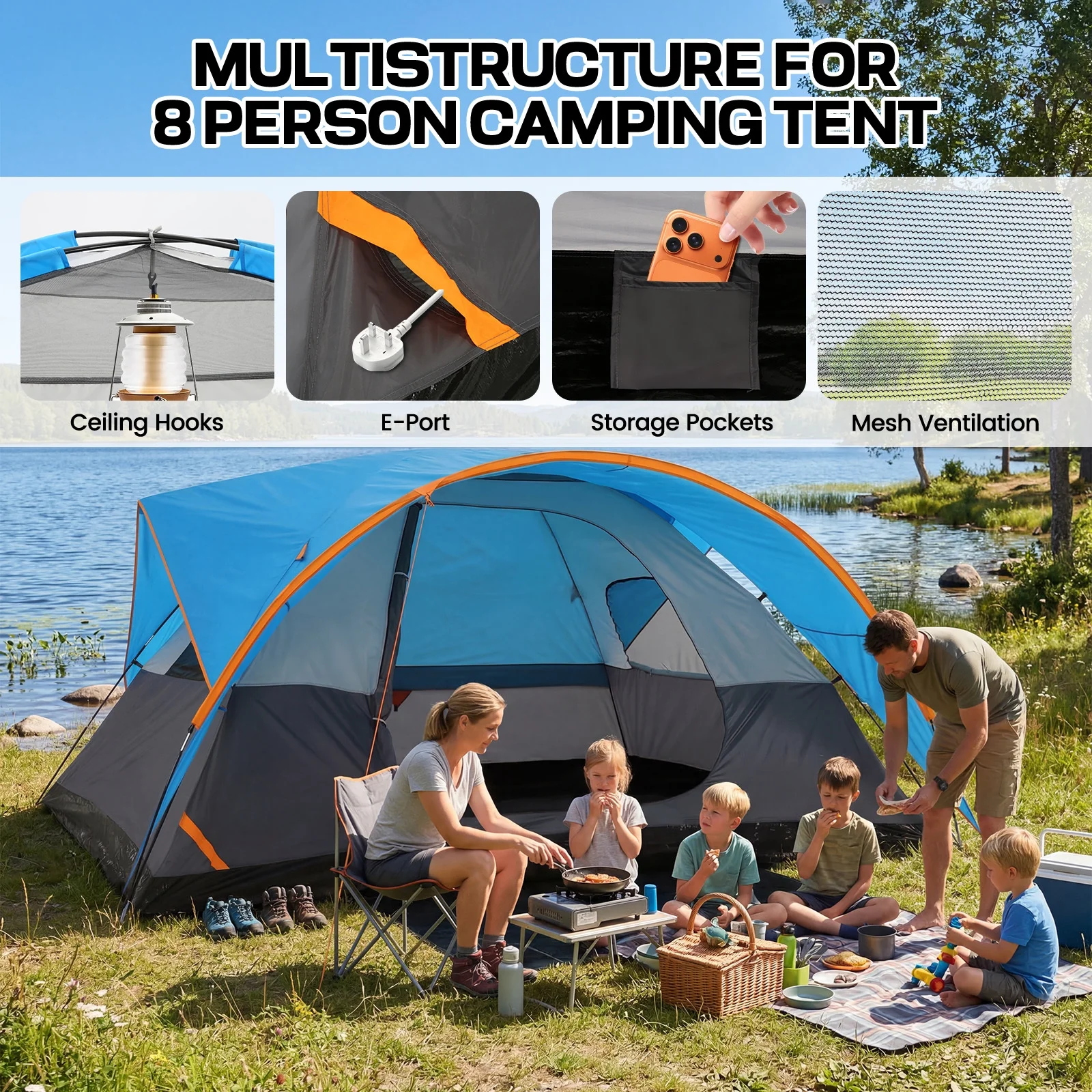 SANOPY 8-10 Person Instant Camping Tent with Removable Rainfly, Auto Setup Pop Up Tent for Family Outdoor /Hiking/Traveling with Carry Bag, Light Blue