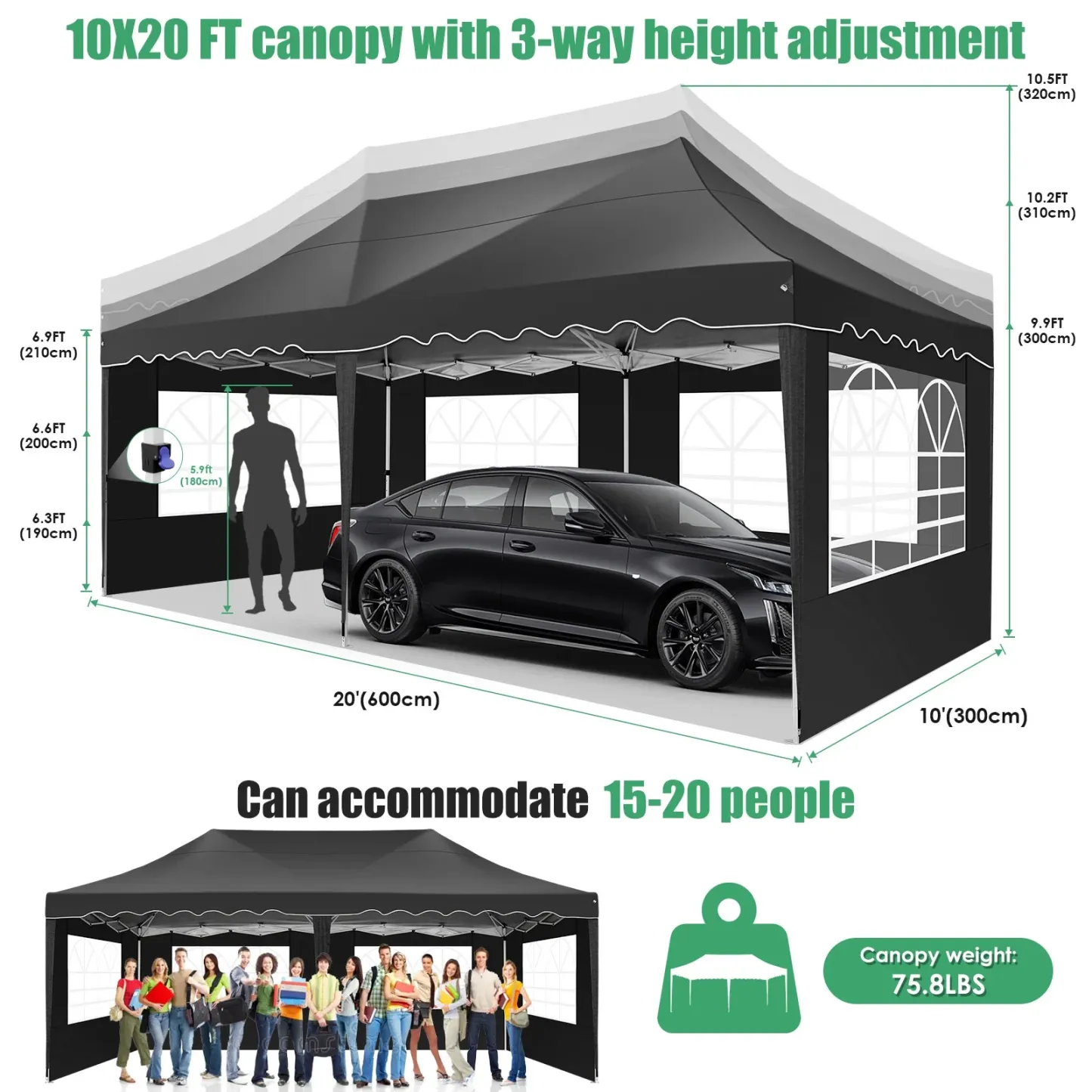 SANOPY 10' x 20' Pop up Canopy Party Tent with 6 Removable Sidewalls, Wave Eave Outdoor Waterproof Patio Gazebo Tent with Carry Bag, Backyards Camping Picnics, Black
