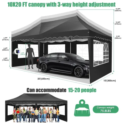 SANOPY 10' x 20' Pop up Canopy Party Tent with 6 Removable Sidewalls, Wave Eave Outdoor Waterproof Patio Gazebo Tent with Carry Bag, Backyards Camping Picnics, Black