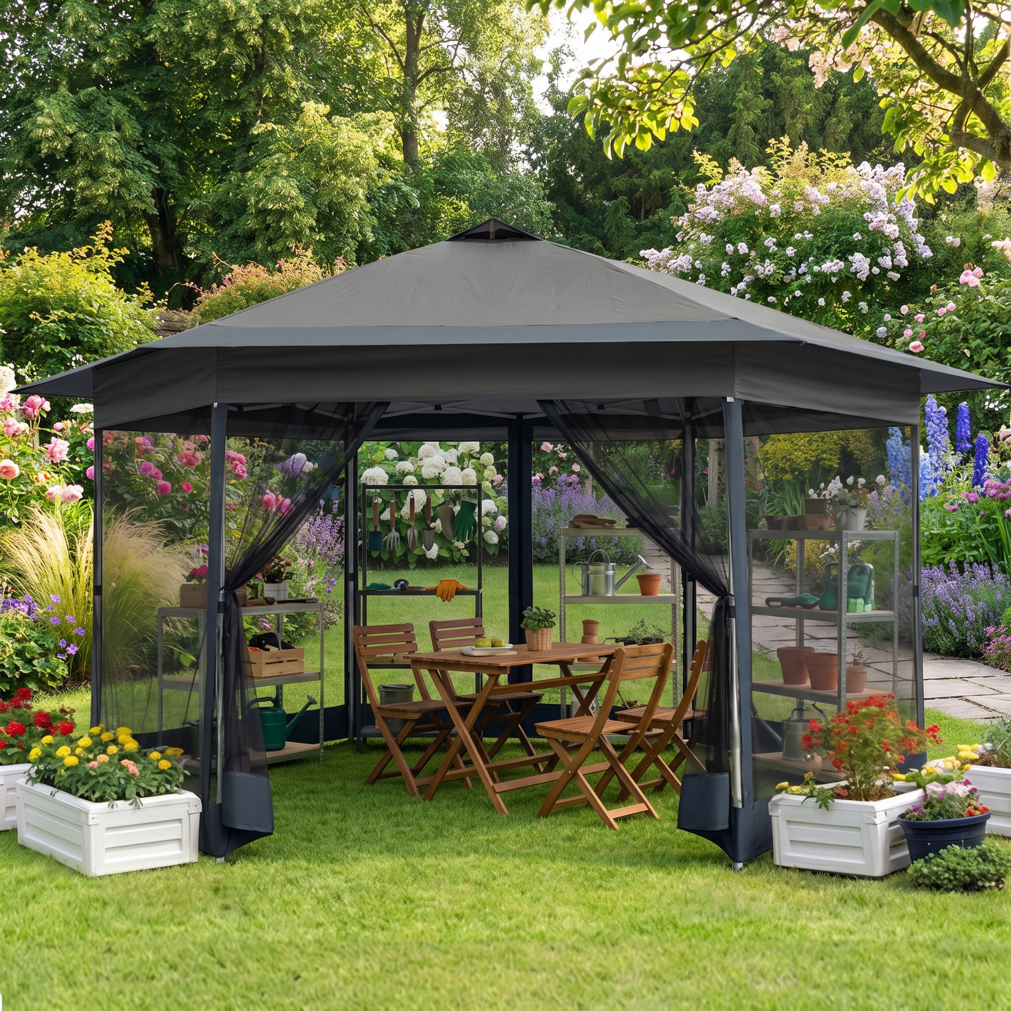 HOTEEL 16' x 16' Hexagon Pop-Up Gazebo Patio Outdoor Canopy Tent with Netting, Adjustable Height and 256 Square ft of Shade for Garden, Party, Backyard with Vented Top