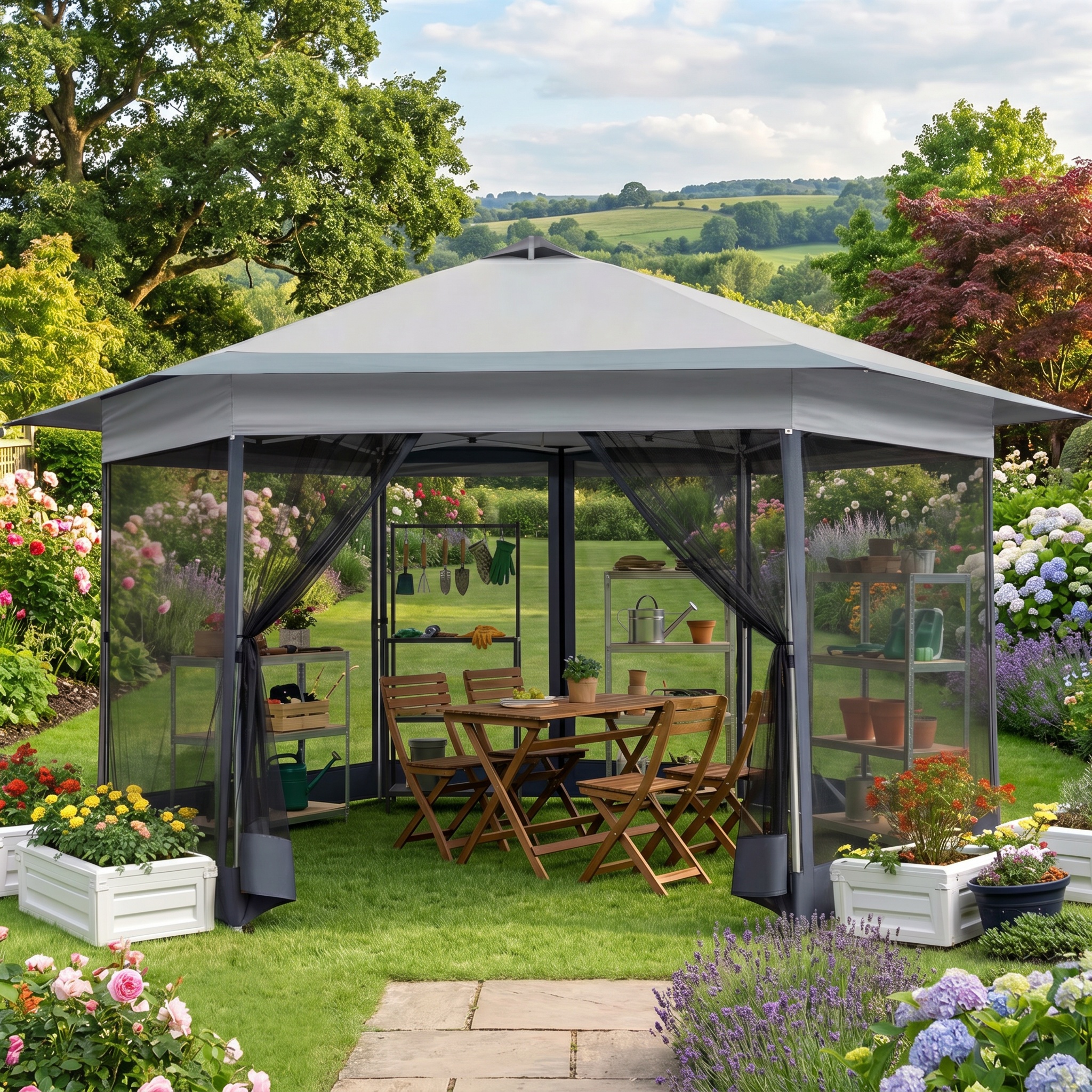 HOTEEL 16' x 16' Hexagon Pop-Up Gazebo Patio Outdoor Canopy Tent with Netting, Adjustable Height and 256 Square ft of Shade for Garden, Party, Backyard with Vented Top