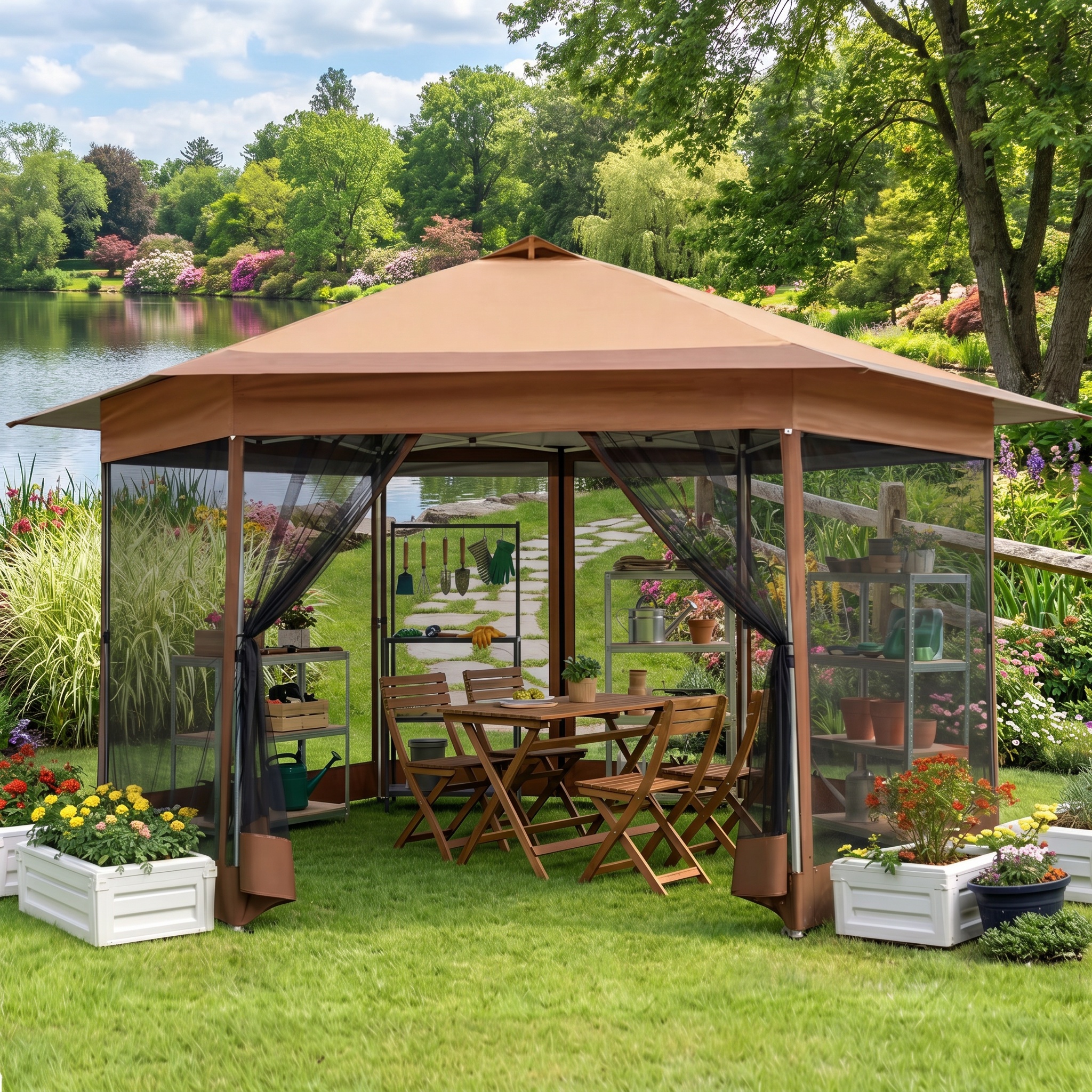HOTEEL 16' x 16' Hexagon Pop-Up Gazebo Patio Outdoor Canopy Tent with Netting, Adjustable Height and 256 Square ft of Shade for Garden, Party, Backyard with Vented Top