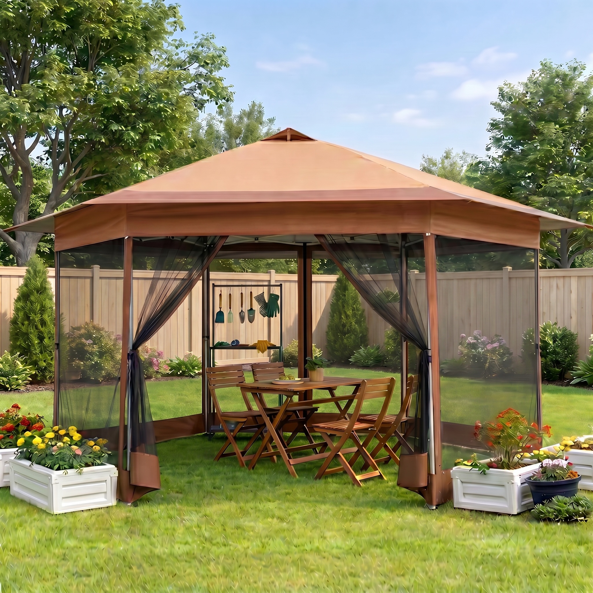 HOTEEL 16' x 16' Hexagon Pop-Up Gazebo Patio Outdoor Canopy Tent with Netting, Adjustable Height and 256 Square ft of Shade for Garden, Party, Backyard with Vented Top
