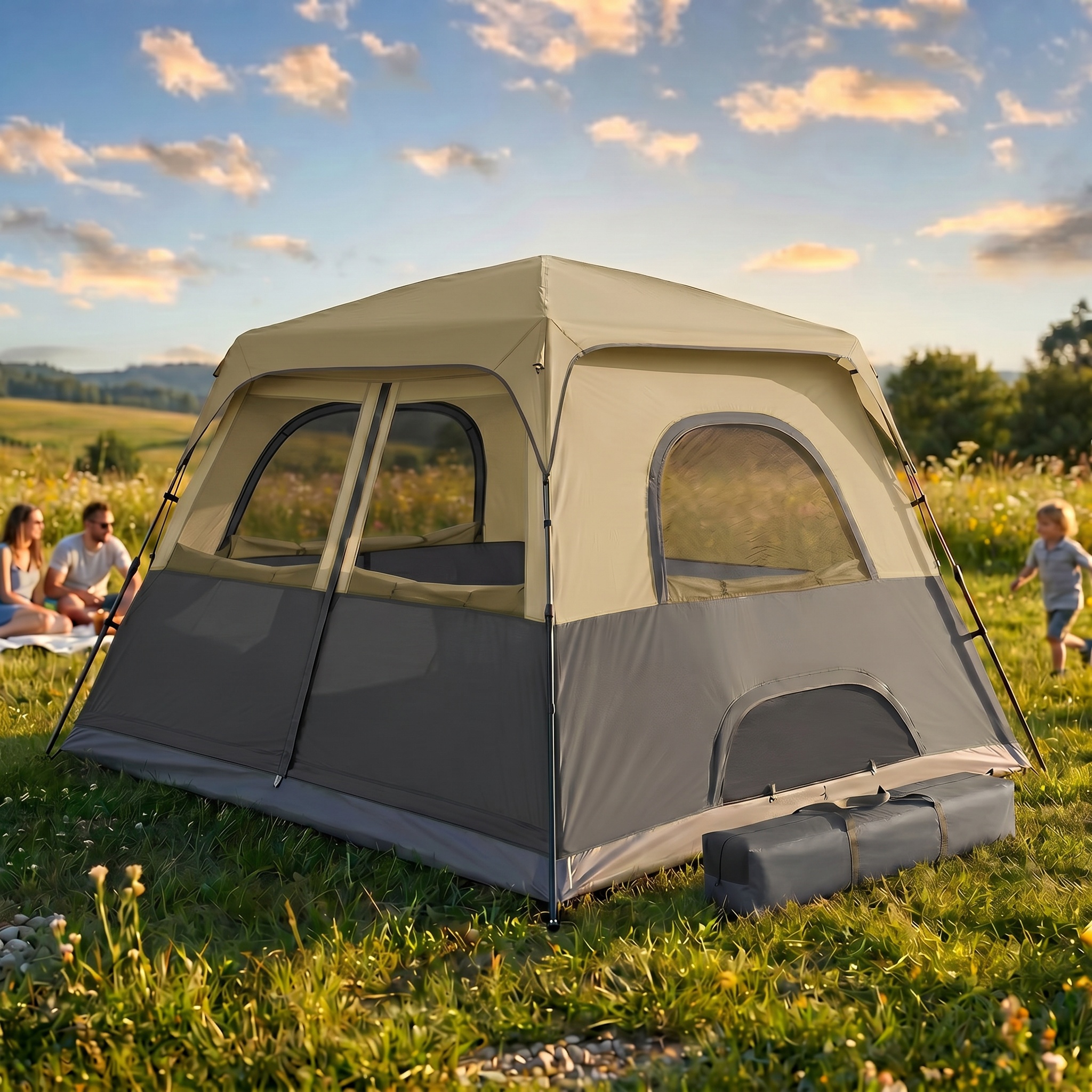 SANOPY 6-8 Person Camping Tent, Easy Instant Setup Cabin Tent with Mesh Windows, Waterproof Windproof Family Tent for Outdoor Camping Hiking, Portable with Carry Bag
