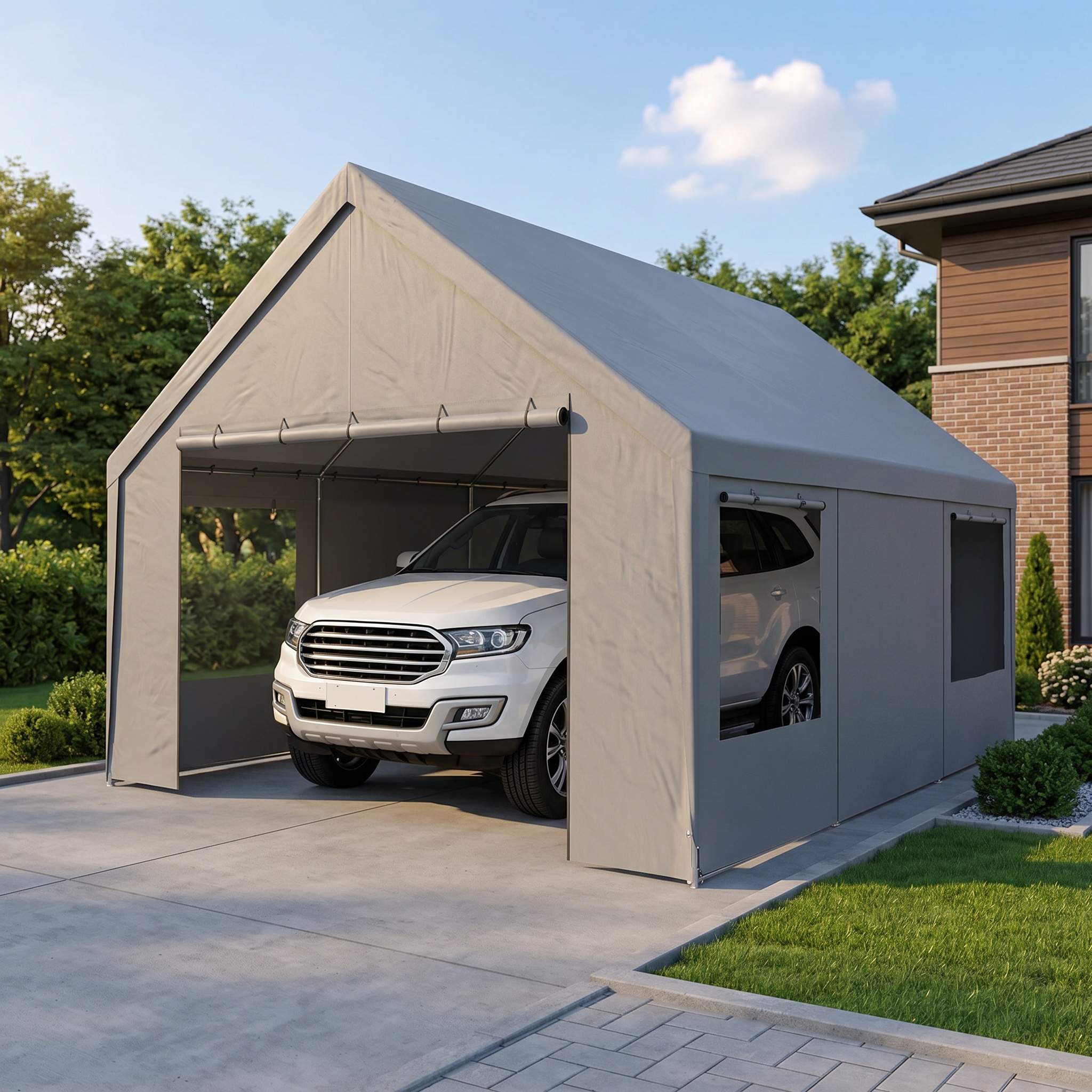 SANOPY Heavy Duty 20x20 ft Carport Portable Garage Car Canopy with Roll-Up Door & 4 Removable Sidewalls, 160G Waterproof Cover Outdoor Car Shelter for Car Truck Boat, Gray