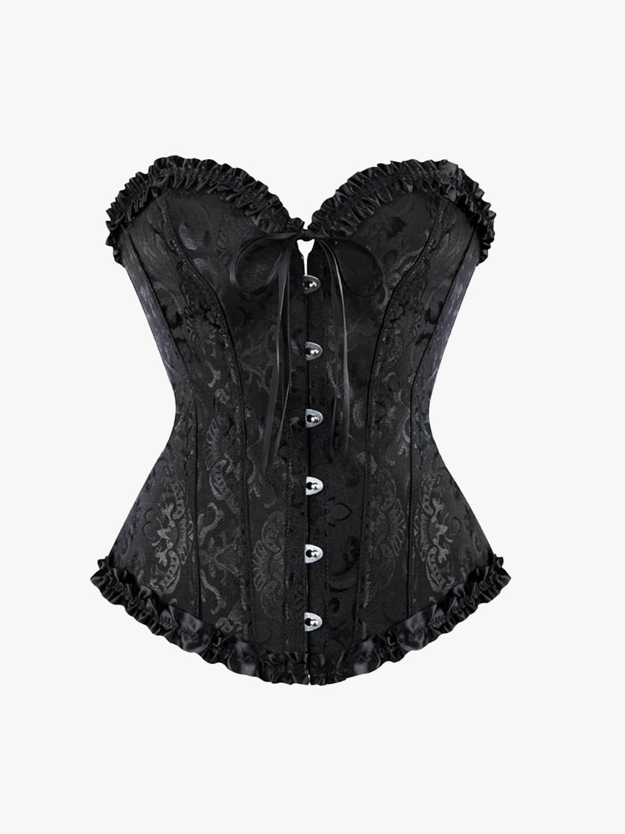 Vintage Floral Lace Up Boned Overbust Corset Top Satin Floral Bustier