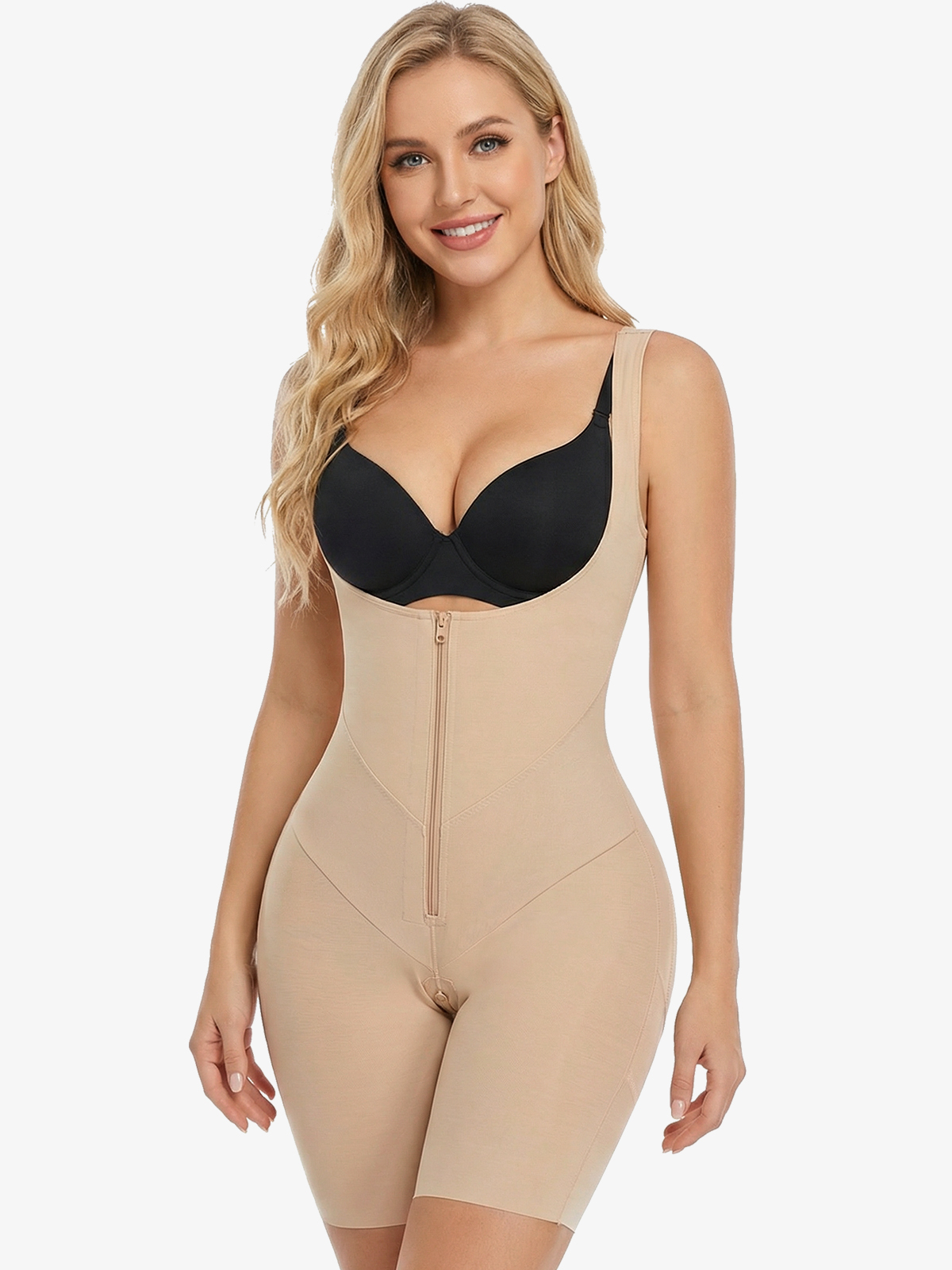 Open Bust Tummy Control Zip-up Mid-Thigh Bodysuit