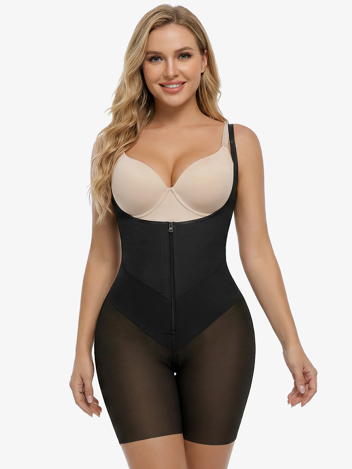 Open Bust Tummy Control Zip-up Mid-Thigh Bodysuit