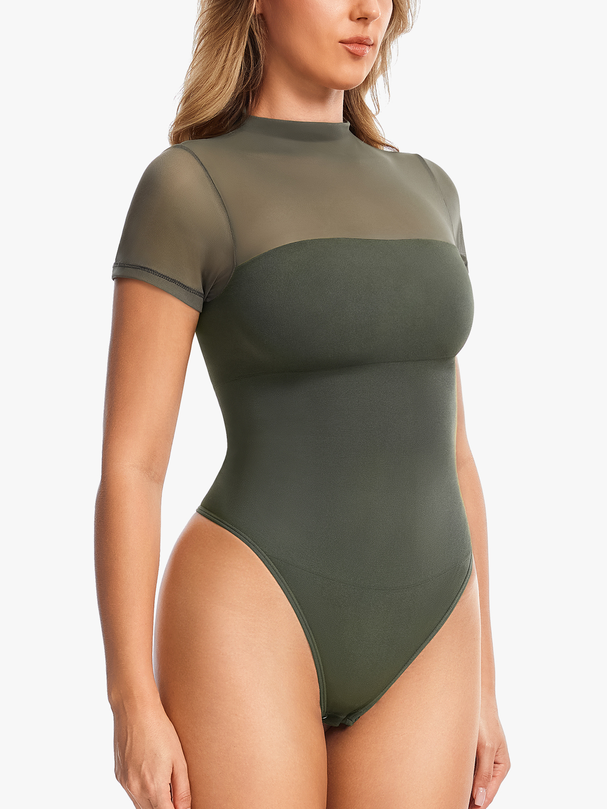 Sheer Mesh Turtleneck Thong Bodysuit