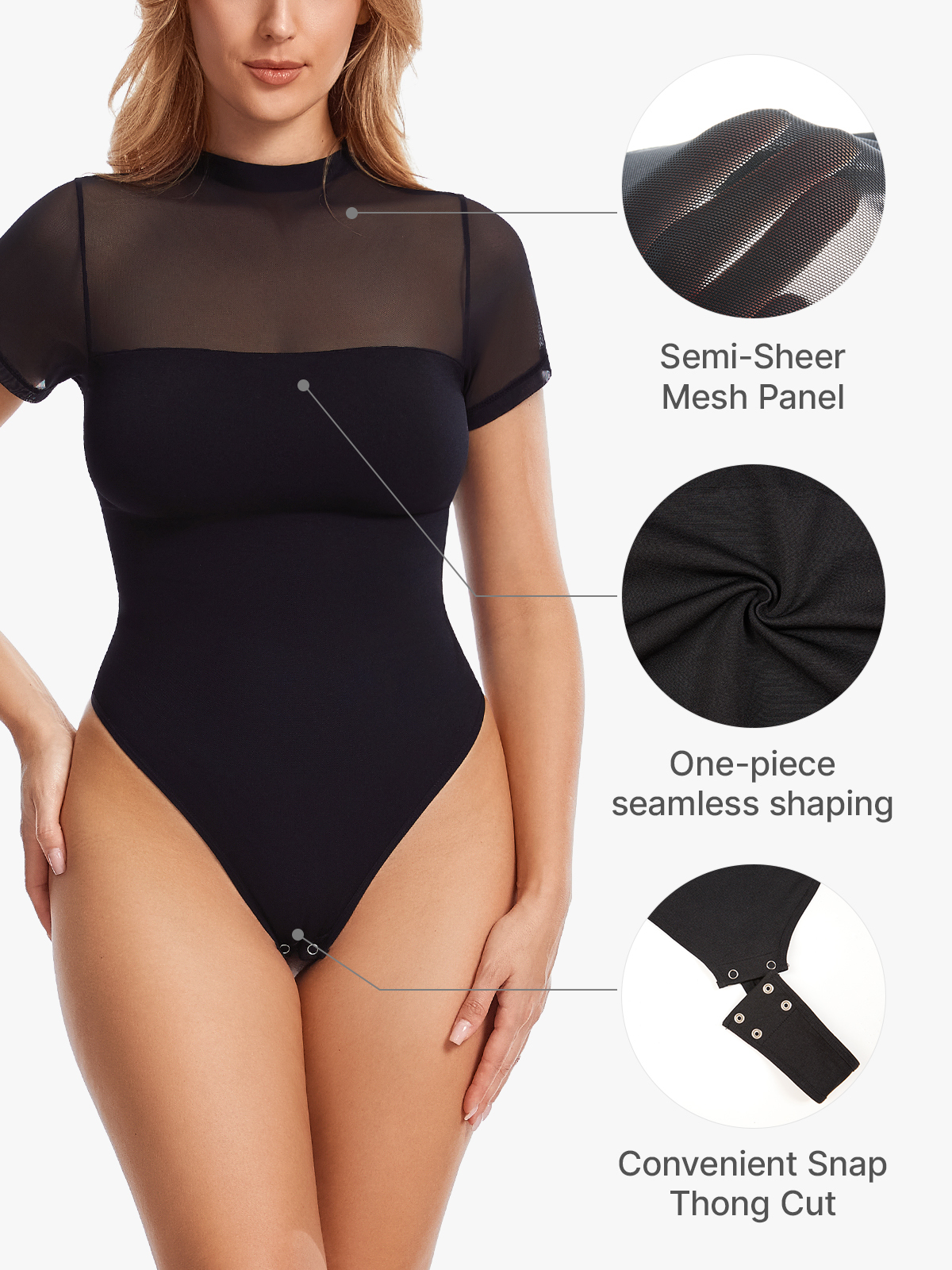 Sheer Mesh Turtleneck Thong Bodysuit