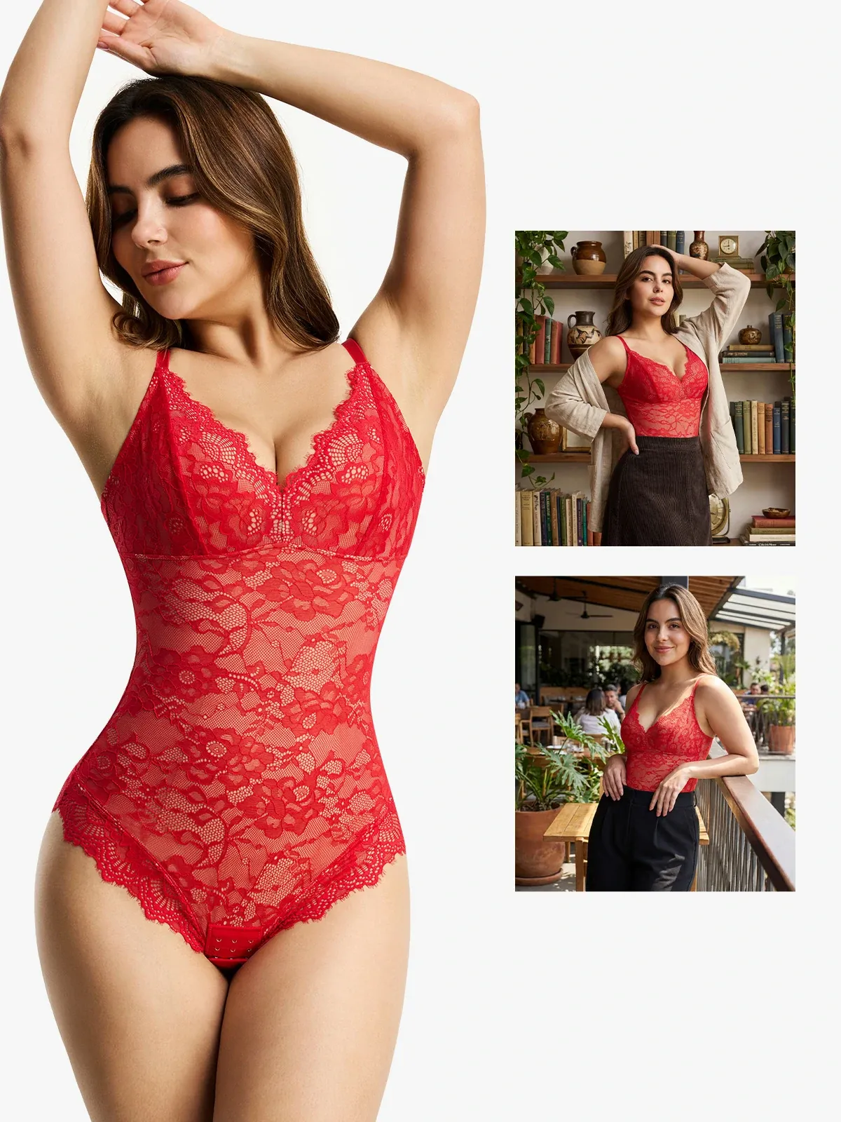 Lace Plunge Tummy Control Cami Thong Bodysuit