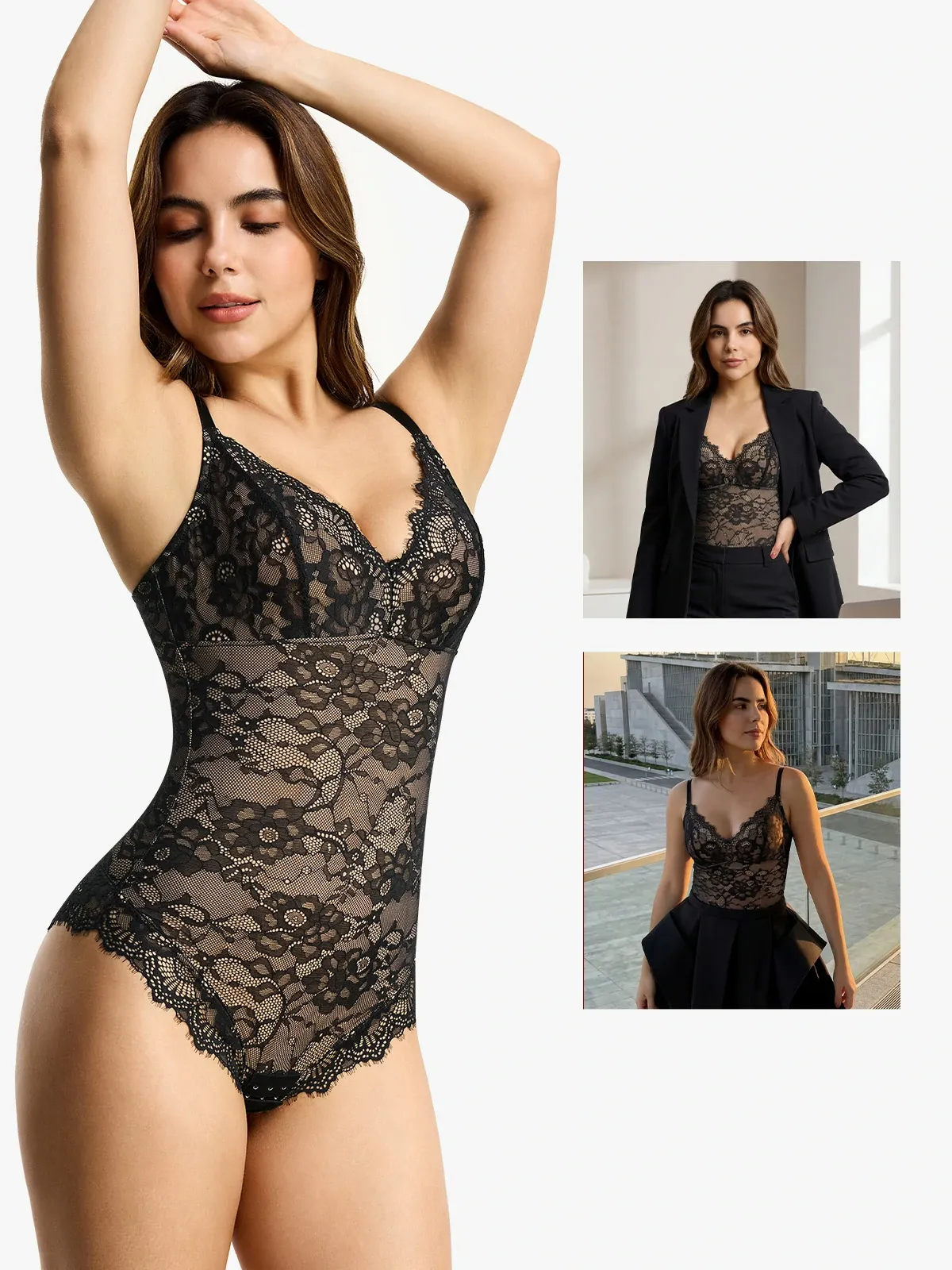 Lace Plunge Tummy Control Cami Thong Bodysuit