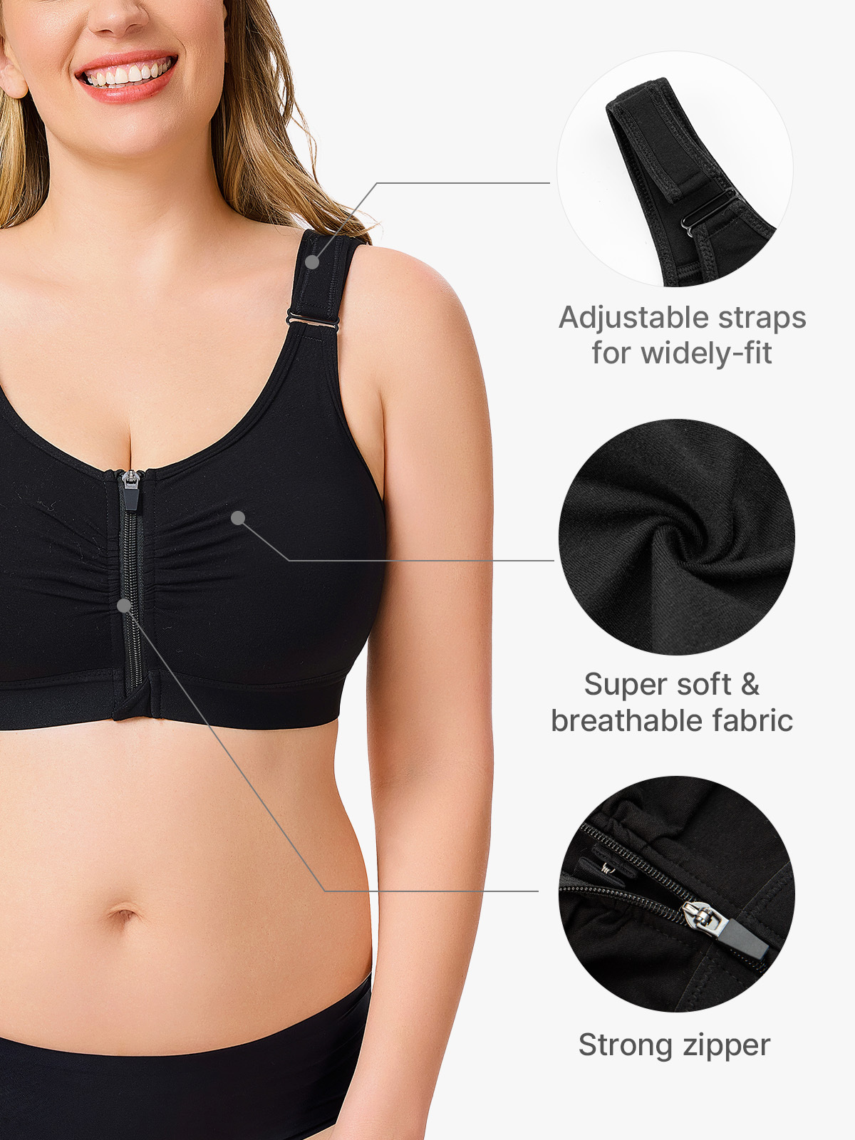 Zip Front Closure Wireless Compression Bra Comfy Everyday Posture Bra-Brabic