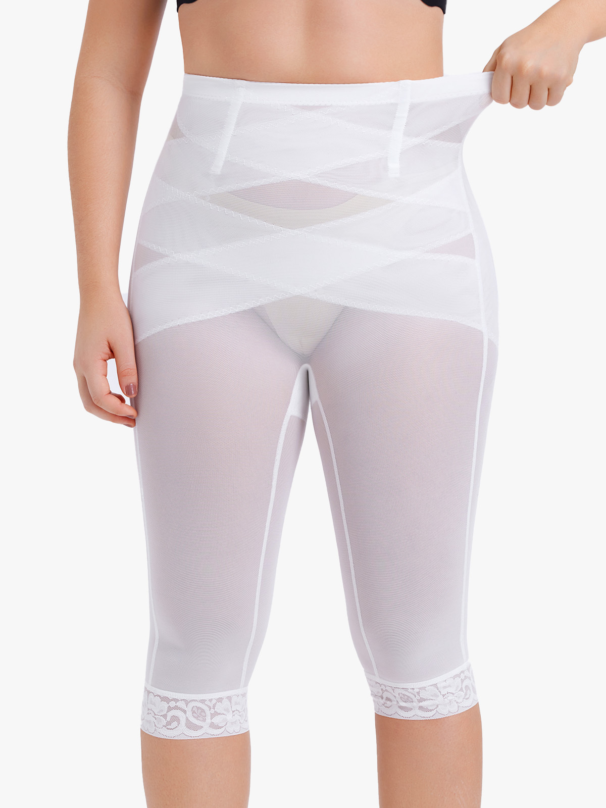 High-Waisted Workout Capri Leggings Lace Trim Footless Sheer Shapewear