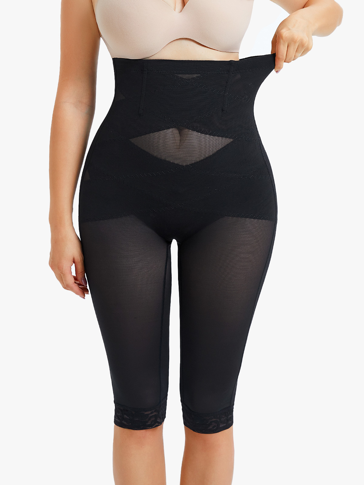 High-Waisted Workout Capri Leggings Lace Trim Footless Sheer Shapewear-Brabic