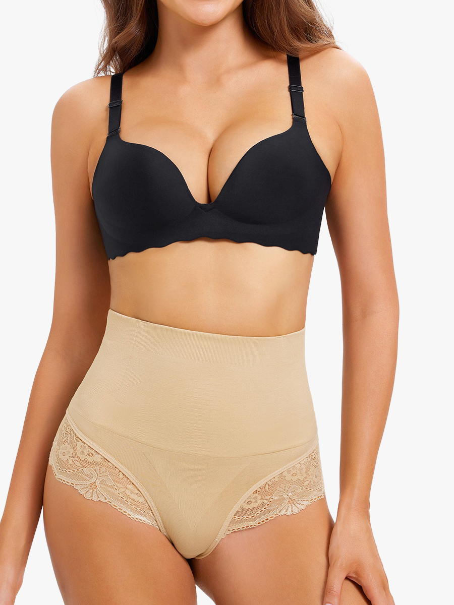 Shapewear Tummy Control High Waist Lace Trimmed Thong Control Panties-Brabic