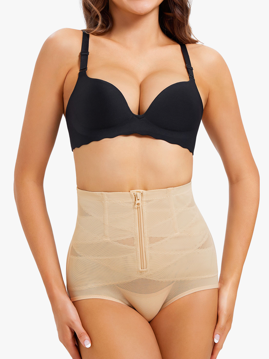 Front Zipper Mesh Design High Waist Control Panties-Brabic