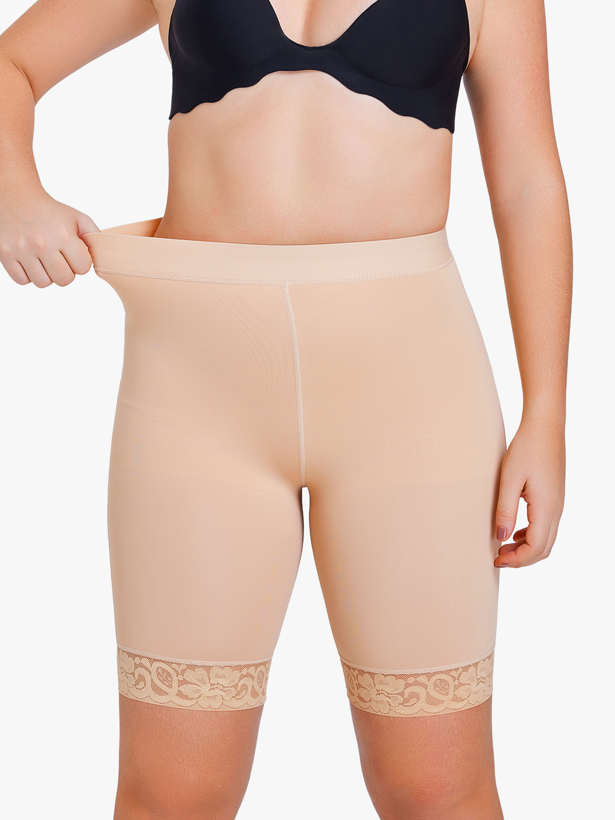 Seamless Lace Detail High-Waist Above Knee Shorts Control Panties-Brabic