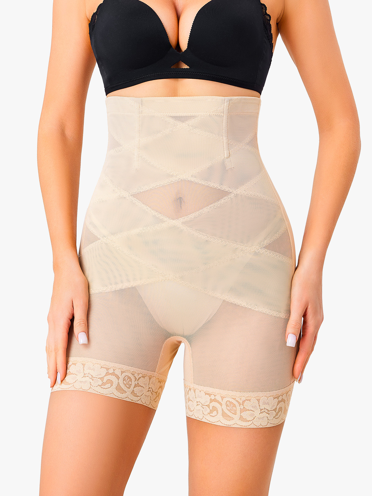 High-Waisted Workout Capri Leggings Lace Trim Footless Sheer Shapewear