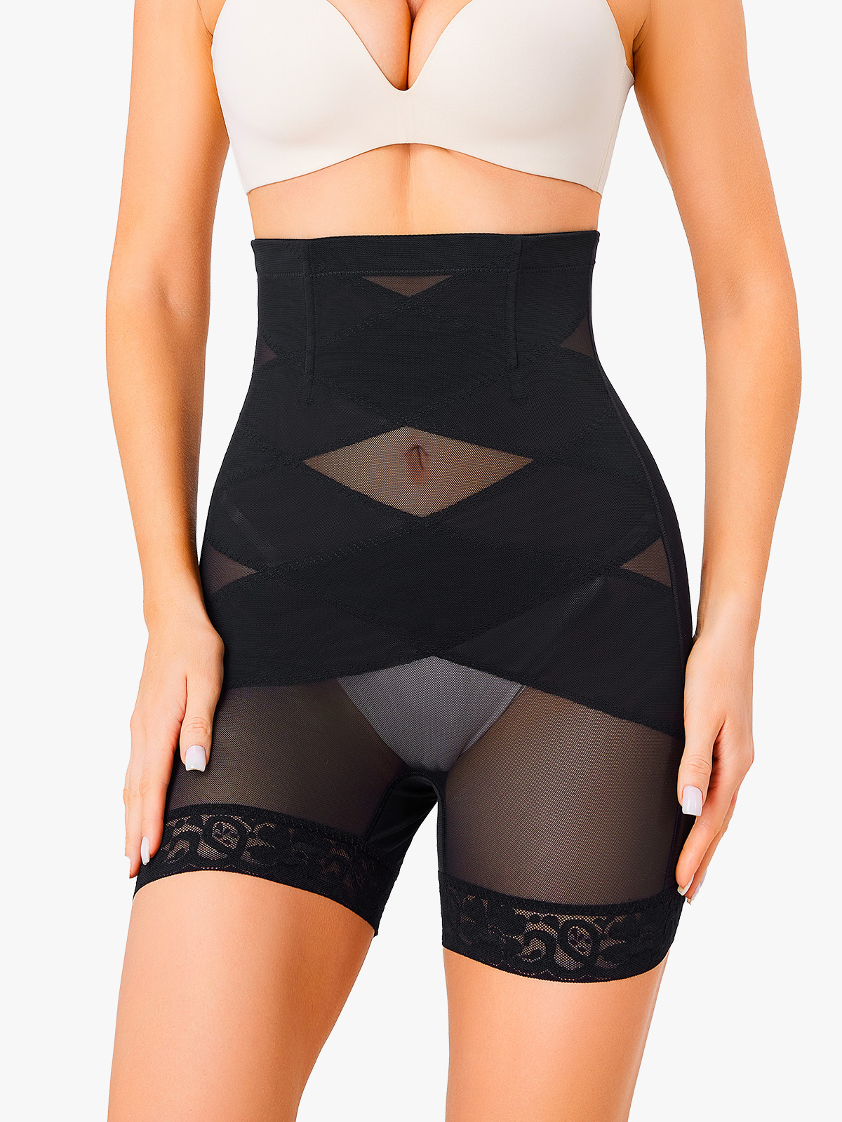 High-Waisted Workout Capri Leggings Lace Trim Footless Sheer Shapewear