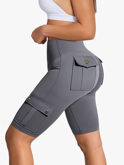 High Waist Tummy Control Biker Cargo Shorts with Pockets