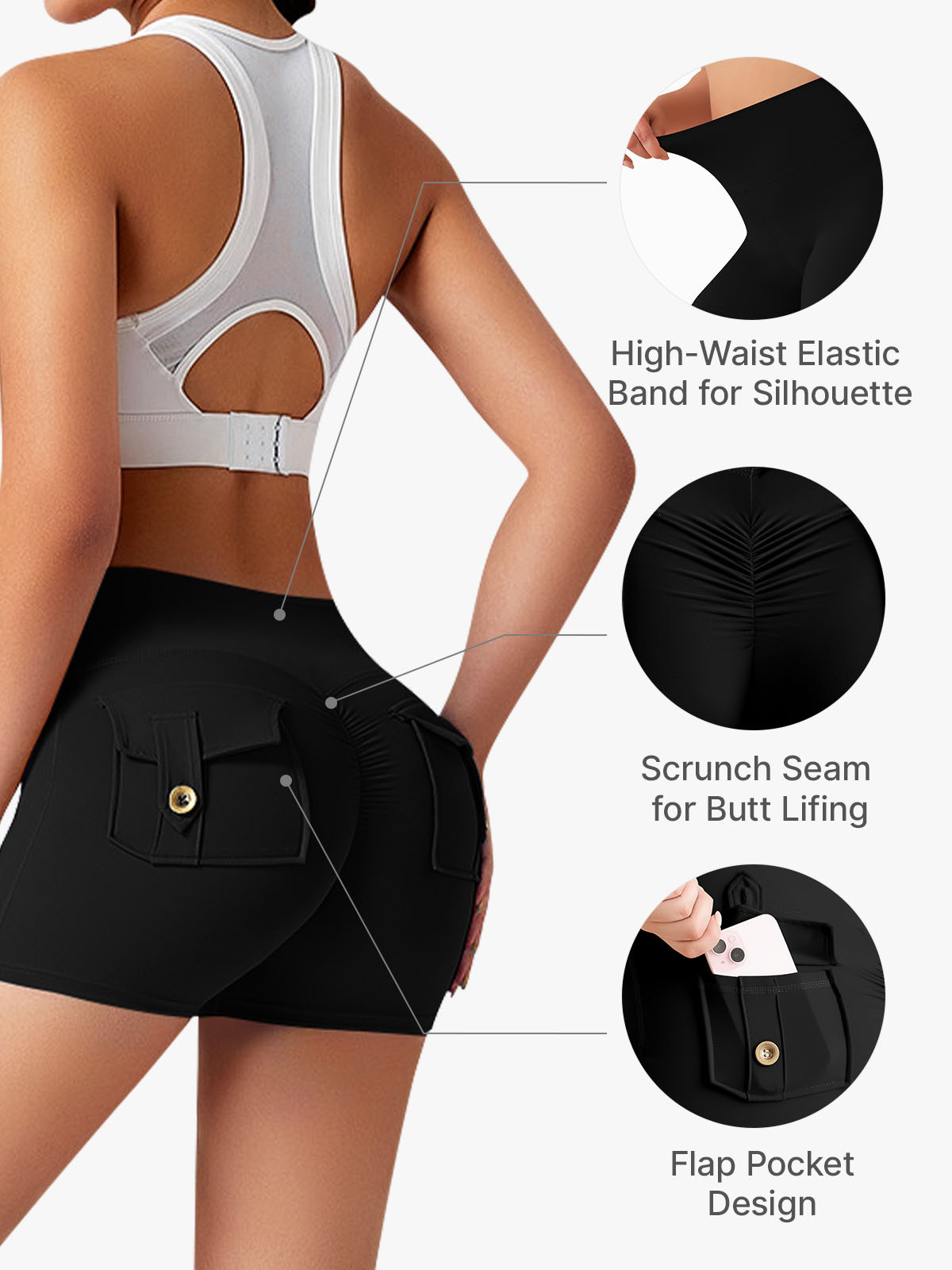 High Waist Tummy Control Scrunch Workout Shorts with Pockets-Brabic