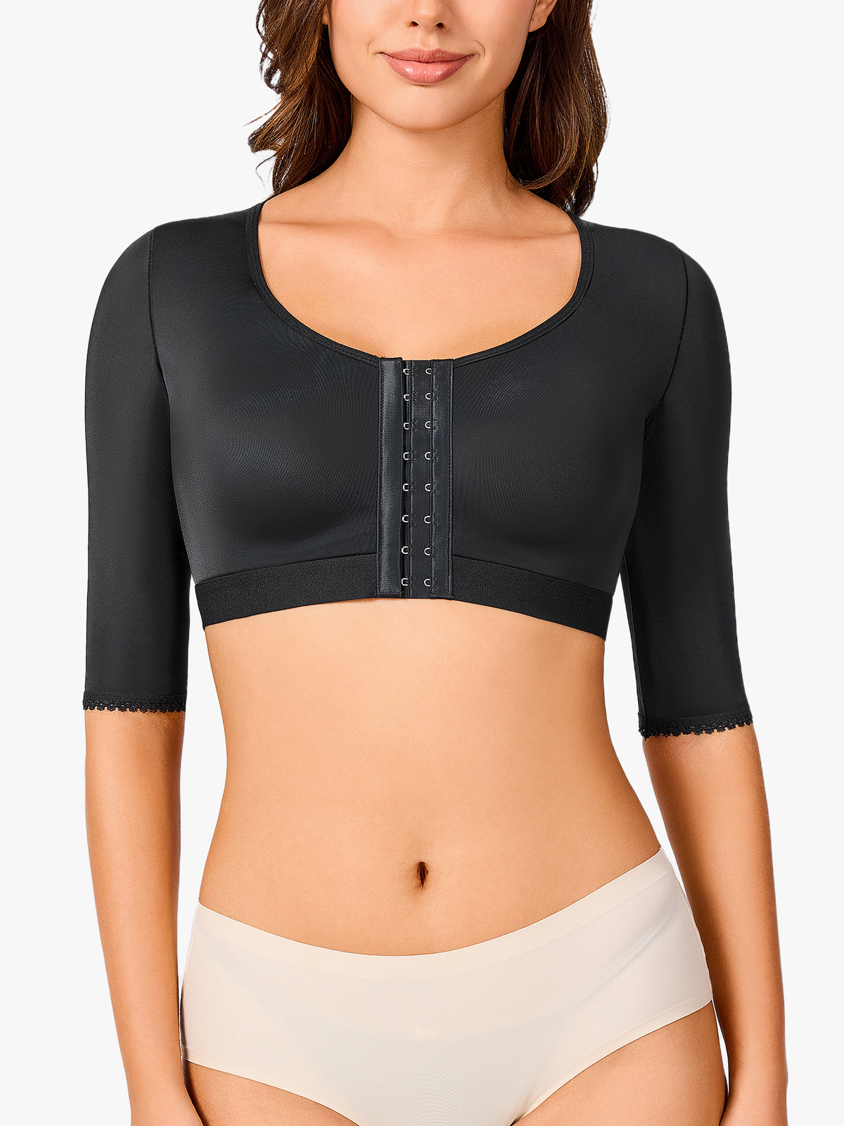 Front Adjustable Hook Closure Round Neck Half-Sleeve Shapewear Top-Brabic