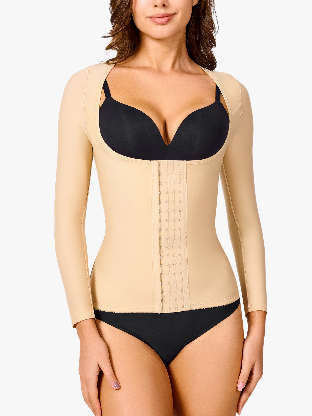 Open Bust Tummy Control Shapewear Long Sleeve Arm Compression Tops-Brabic