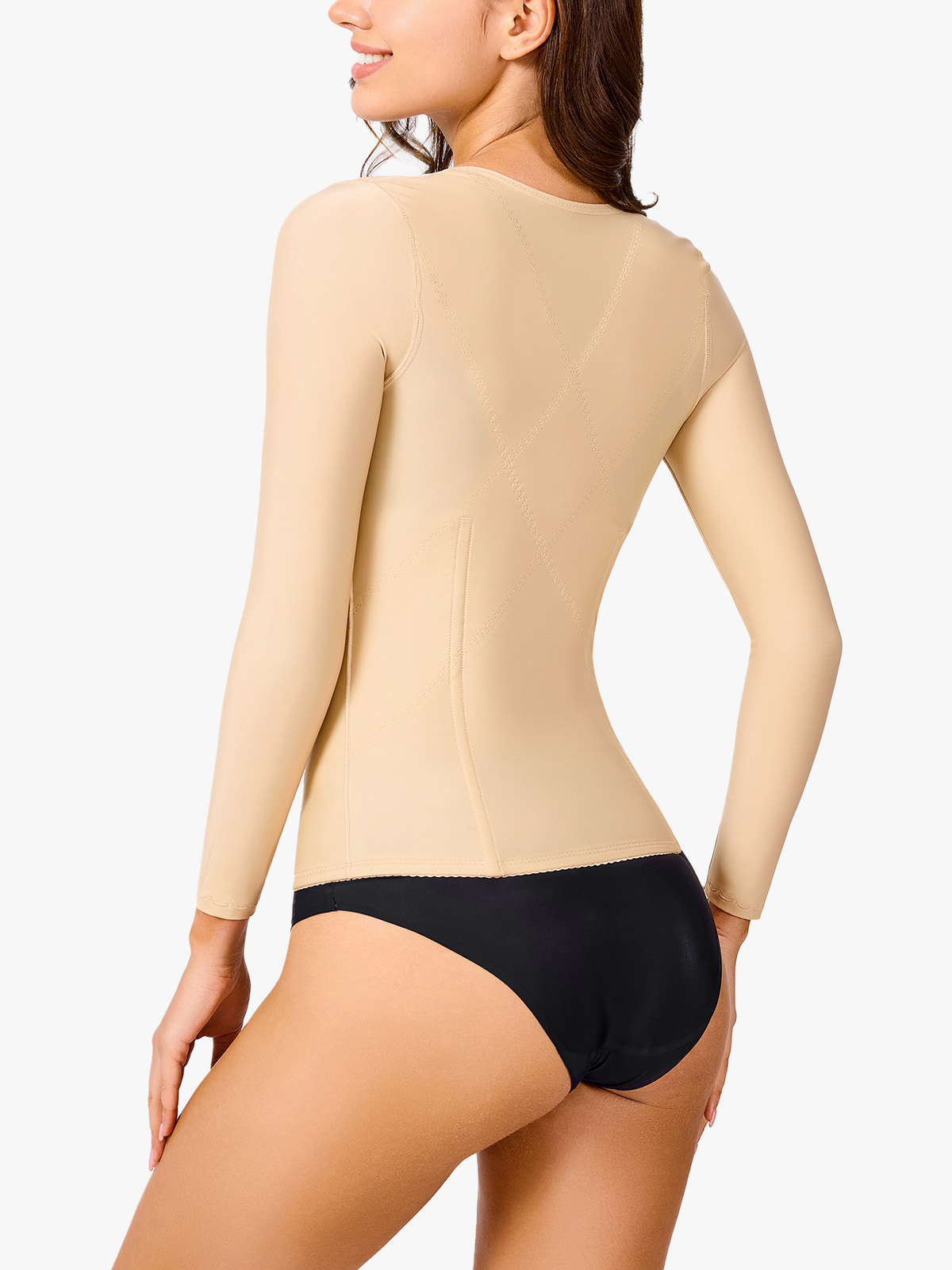 Open Bust Tummy Control Shapewear Long Sleeve Arm Compression Tops-Brabic