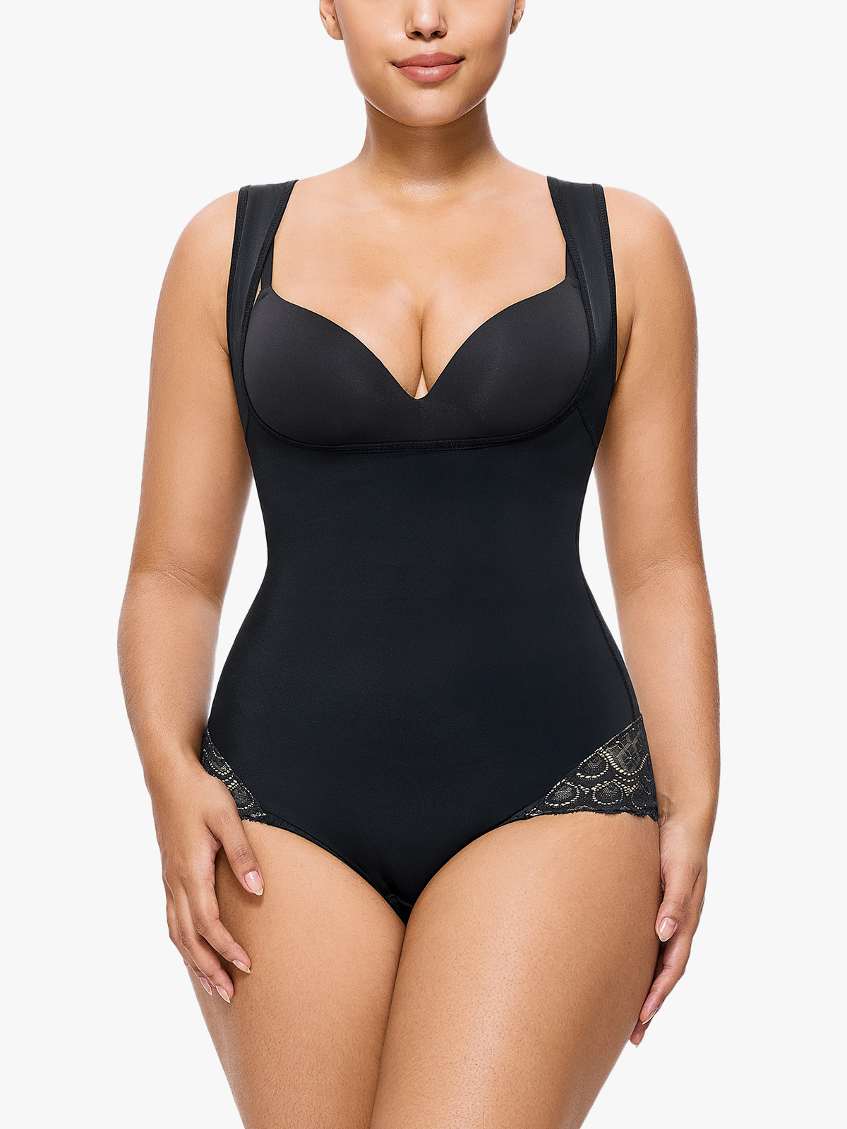 Sexy Ruched Seam Lace Crotch Button Design Square Neck Bodysuit-Brabic