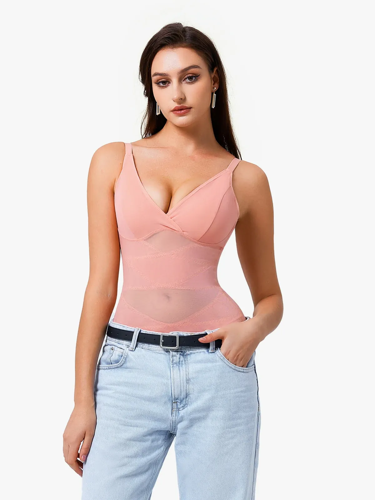 Mesh Tummy Control Bodysuit Thin Strap Butt Lifting Everyday Shapewear