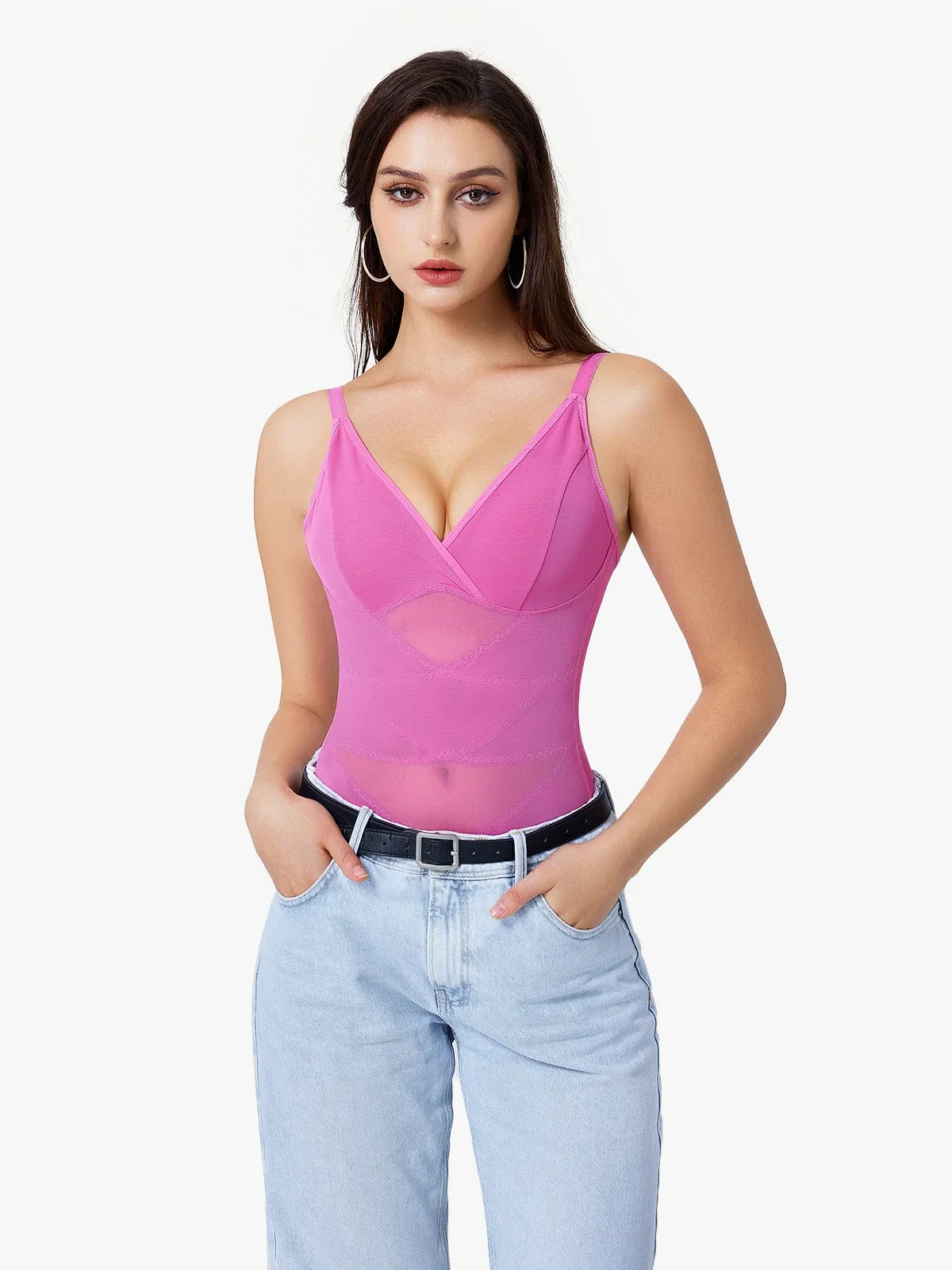 Mesh Tummy Control Bodysuit Thin Strap Butt Lifting Everyday Shapewear