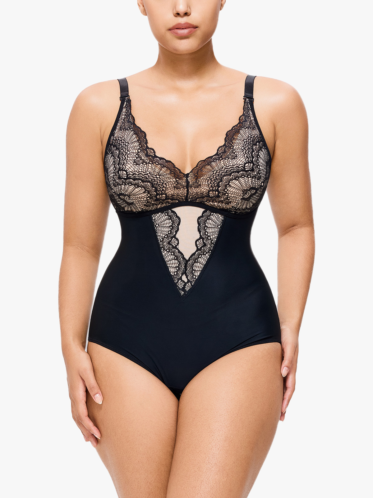 V Neck Lace Shapewear Bodysuit for Women Fashion Backless BodySuits-Brabic
