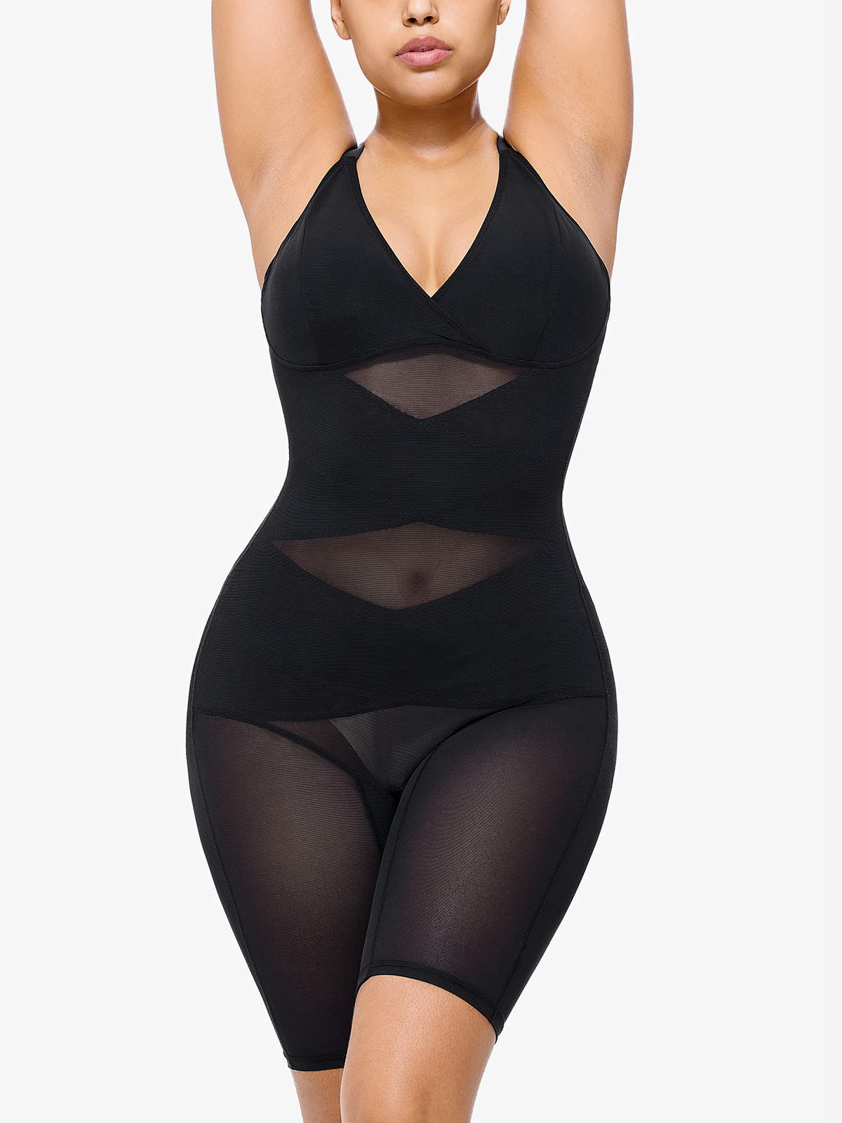 V Neck Comfortable Breathable Mesh Invisible Crossover Double-Layer Waist Cincher Cut-Out Butt Strong Tummy Control Bodysuit-Brabic